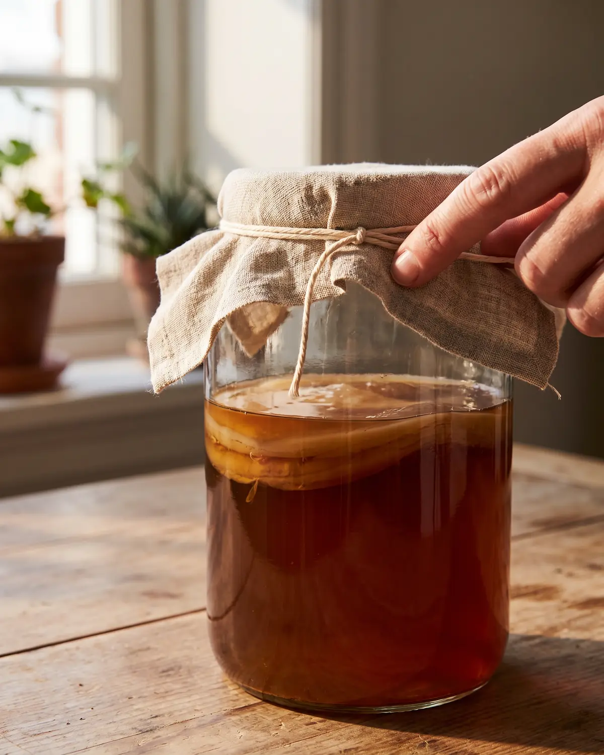 kombucha effets secondaires Deux doigts fixent une toile de lin sur un petit bocal où l’on distingue le disque de SCOBY.