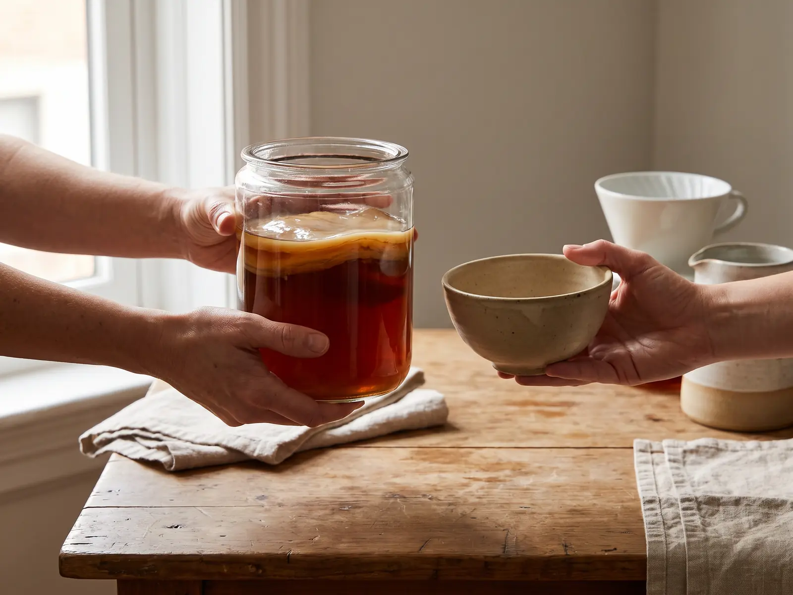 kombucha naturel Deux mains échangent un bocal de kombucha avec SCOBY et un bol beige dans une scène douce et naturelle.