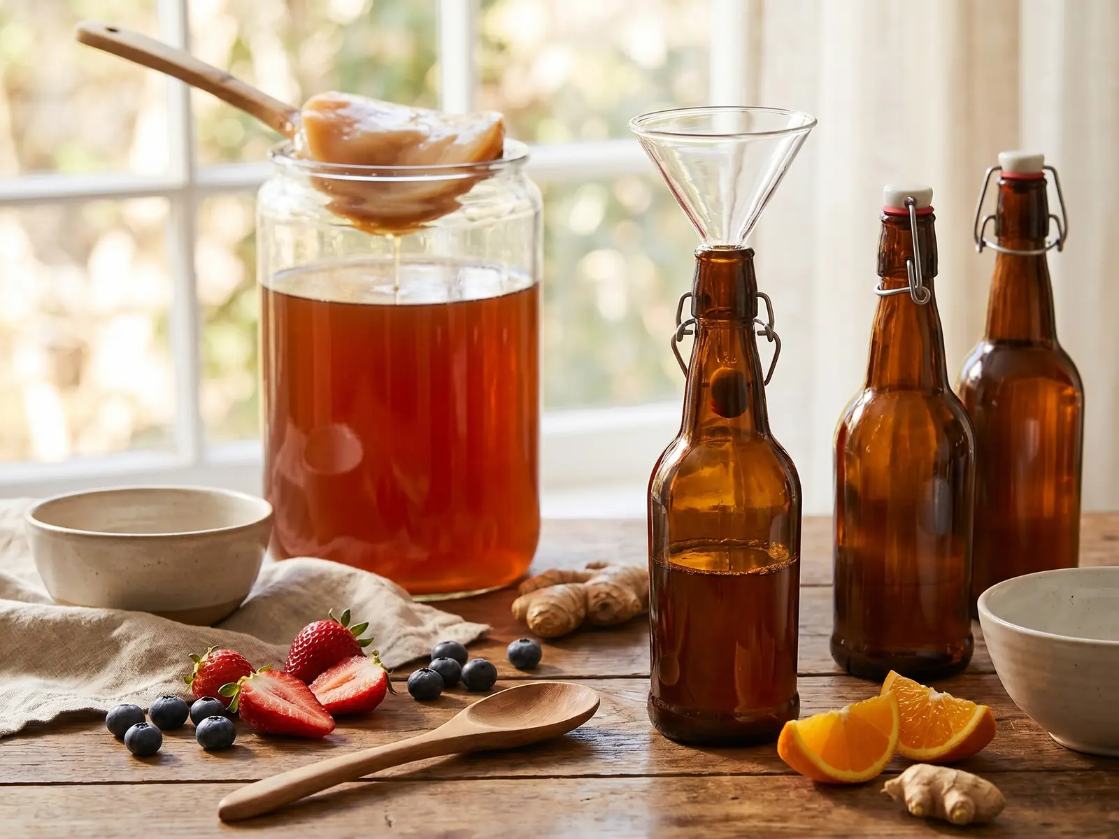 Bouteille de kombucha en pr&eacute;paration avec entonnoir en verre, fruits frais et cuill&egrave;re en bois.