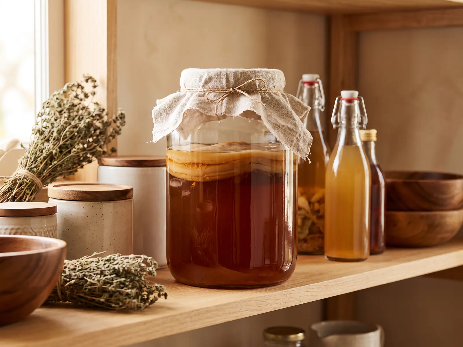 kombucha jared leto Tarro de kombucha avec SCOBY sur une étagère de cellier, posé sur du lin sous une lumière chaude.