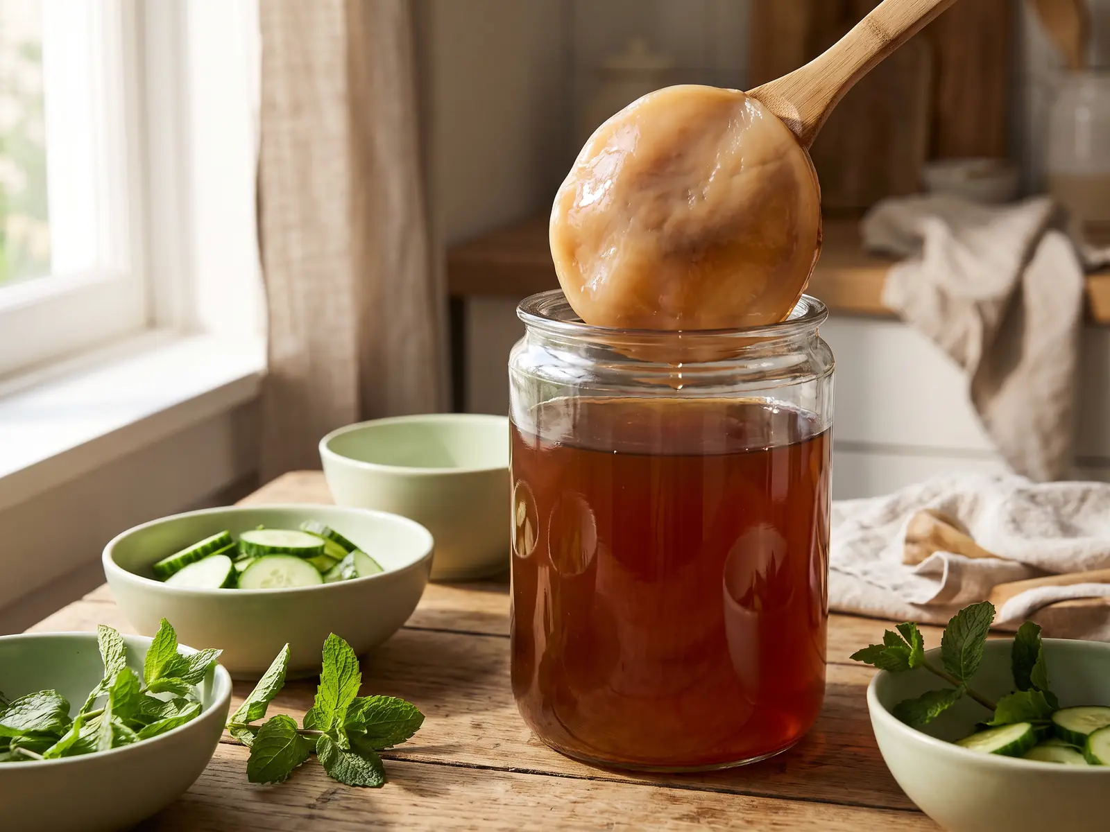 kombucha foie Bocal de kombucha avec SCOBY, concombre frais, menthe et bols verts dans une scène estivale