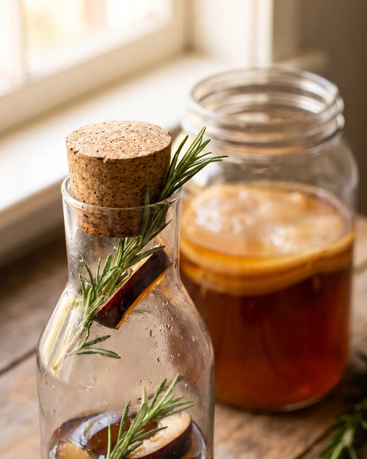 kombucha jared leto Goulot de bouteille de kombucha avec prune et romarin, condensation légère et bocal de SCOBY flou.