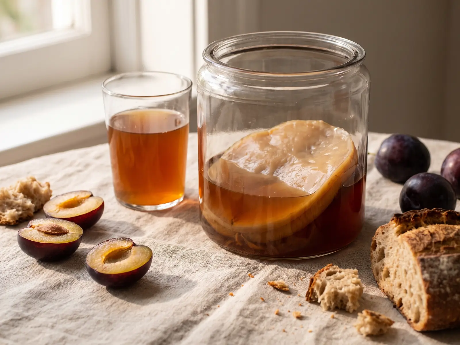 scoby malade Verre de kombucha avec bocal de SCOBY, prunes et pain sur une table rustique en lin