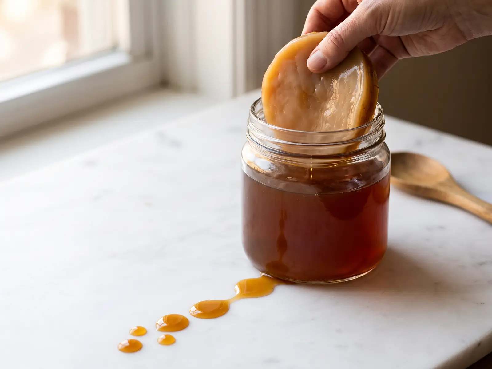 kombucha malade Gouttes ambrées sur marbre blanc menant vers un bocal de kombucha avec SCOBY beige brun.