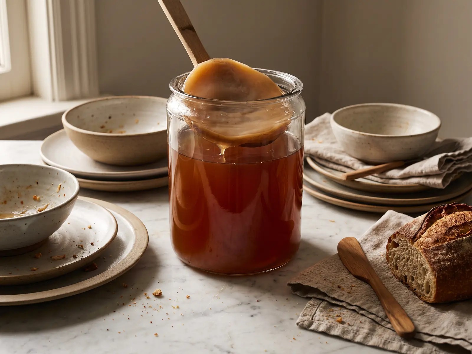 kombucha sommeil Bocal de SCOBY sur une table en marbre blanc, avec assiettes en céramique par temps nuageux.