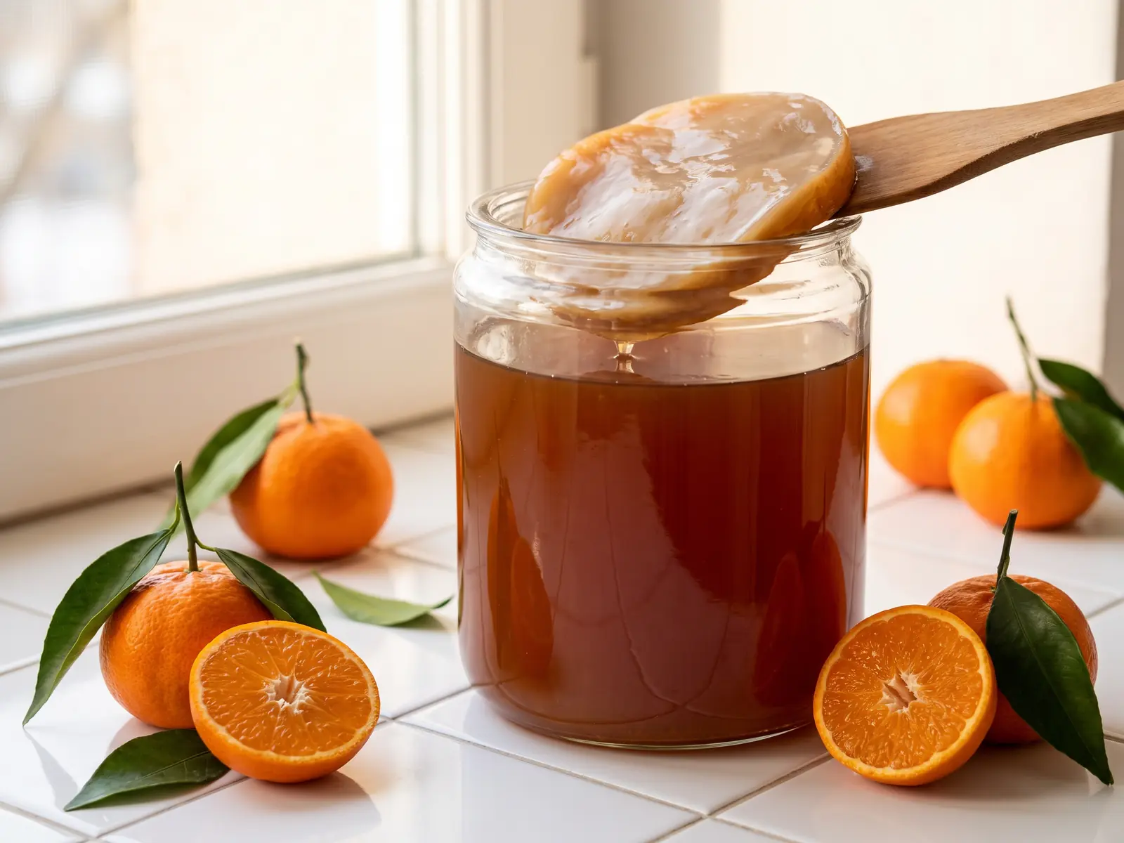 conserver mere kombucha Bocal de kombucha avec SCOBY et thé ambré près de mandarines sur des carreaux blancs lumineux