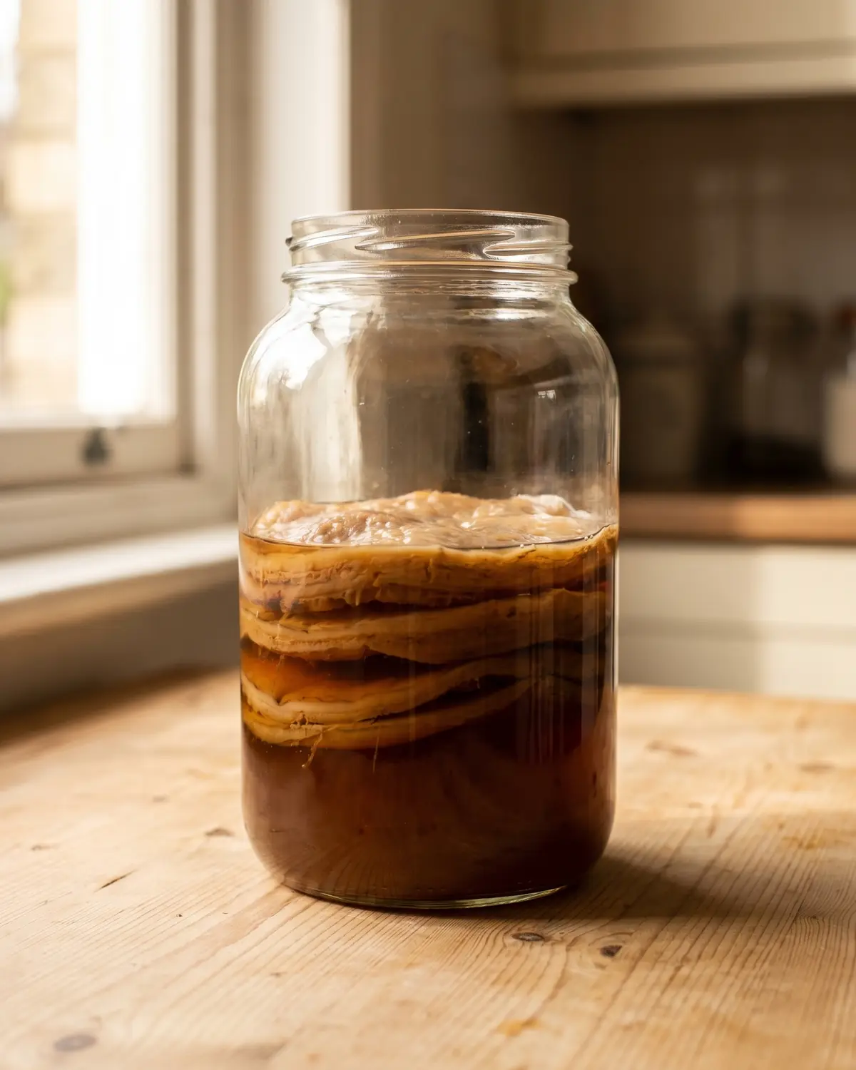 Plusieurs SCOBY empil&eacute;s dans une grande jarre avec du liquide m&egrave;re pour conserver la culture.