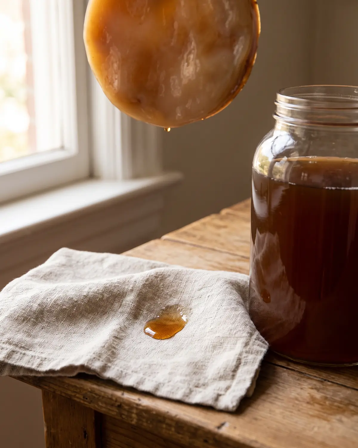 composition kombucha Goutte de liquide de démarrage sur du lin brut, avec un bocal de kombucha et le SCOBY en arrière-plan
