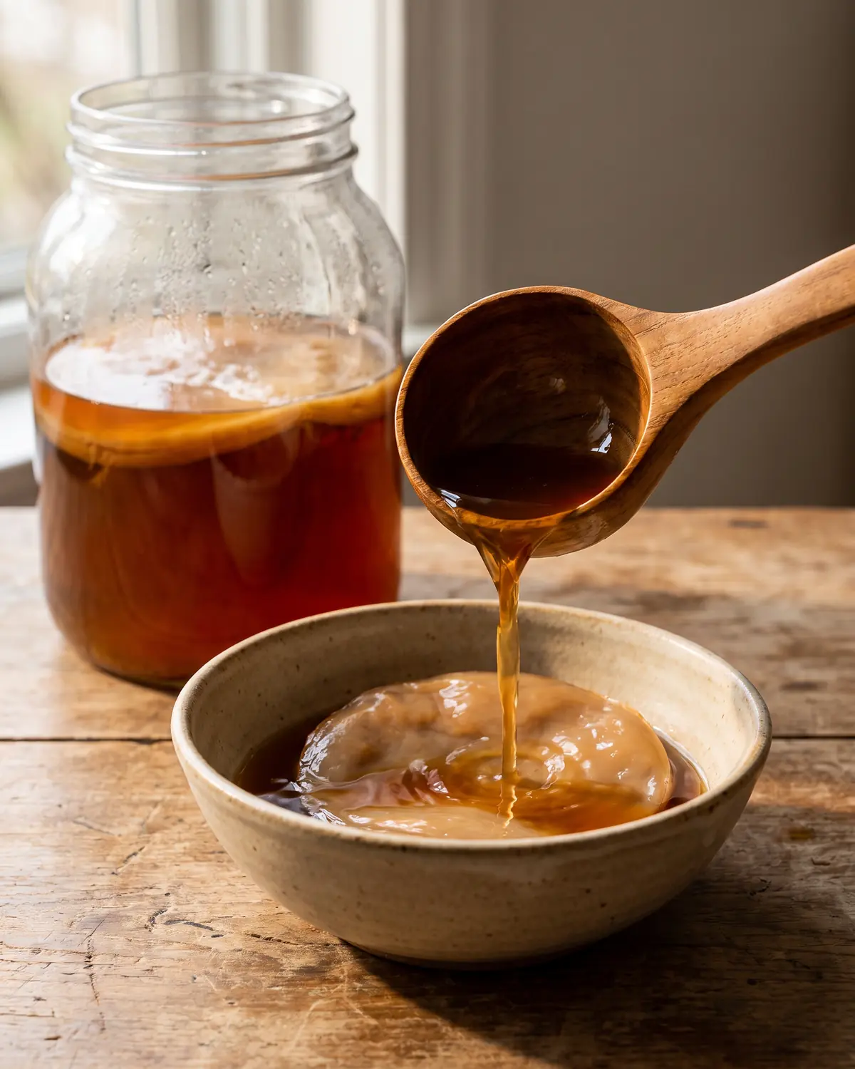 kombucha naturel Liquide de démarrage versé dans un bol beige, avec un bocal contenant le SCOBY flou à l’arrière-plan.