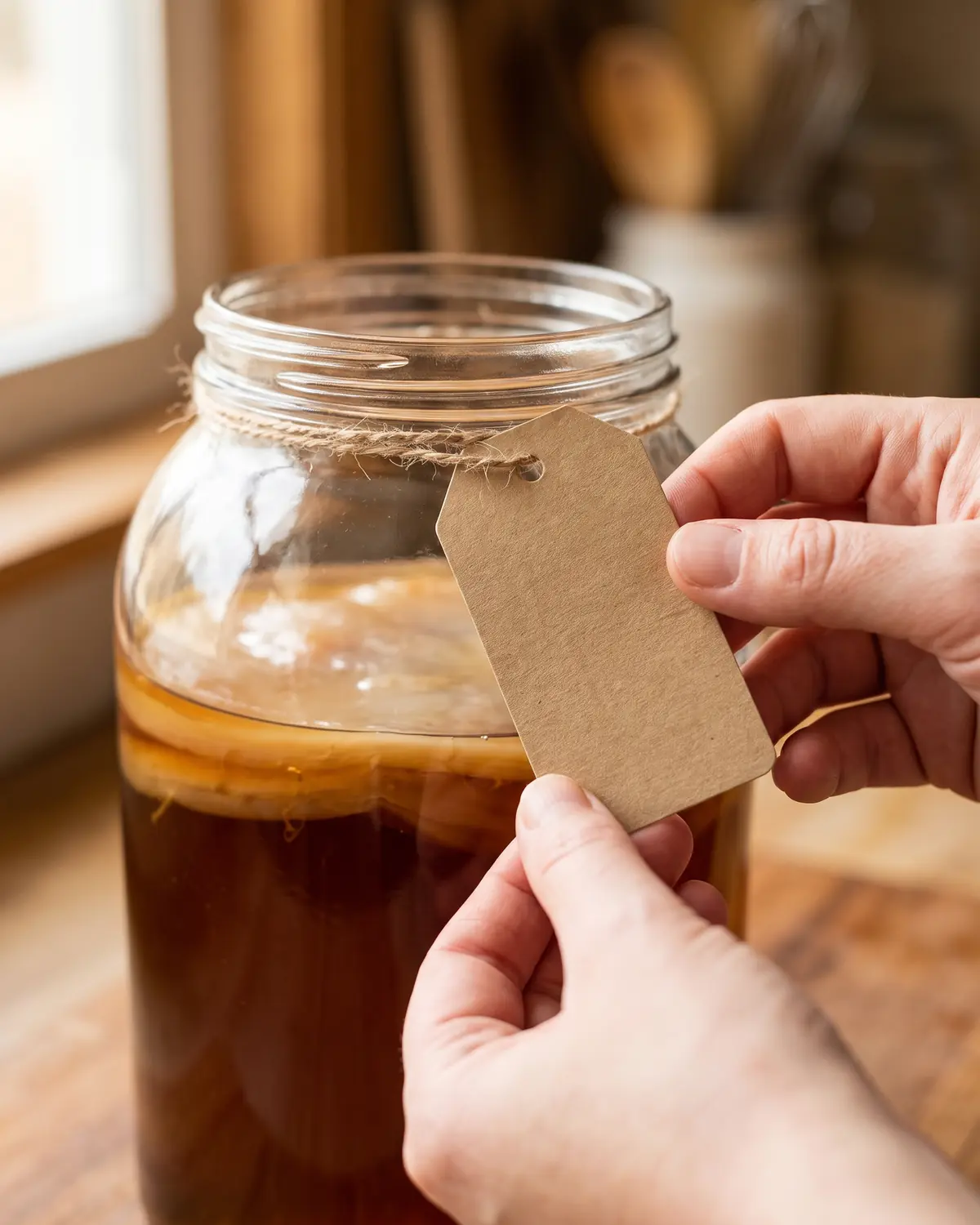 faire son kombucha Main attachant une étiquette kraft à un bocal de kombucha, avec un SCOBY ambré flou en fond.
