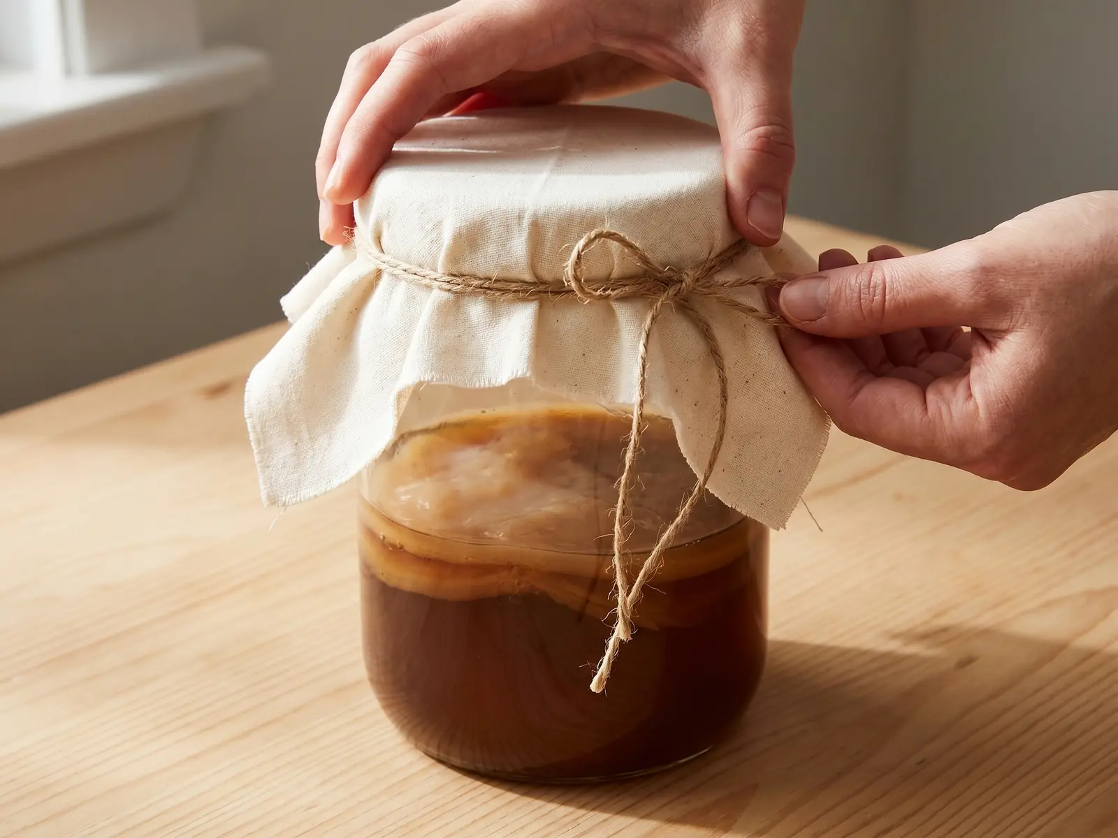 difference kefir kombucha Main posant un tissu de coton sur un bocal de kombucha, avec cordel naturel et bois clair.