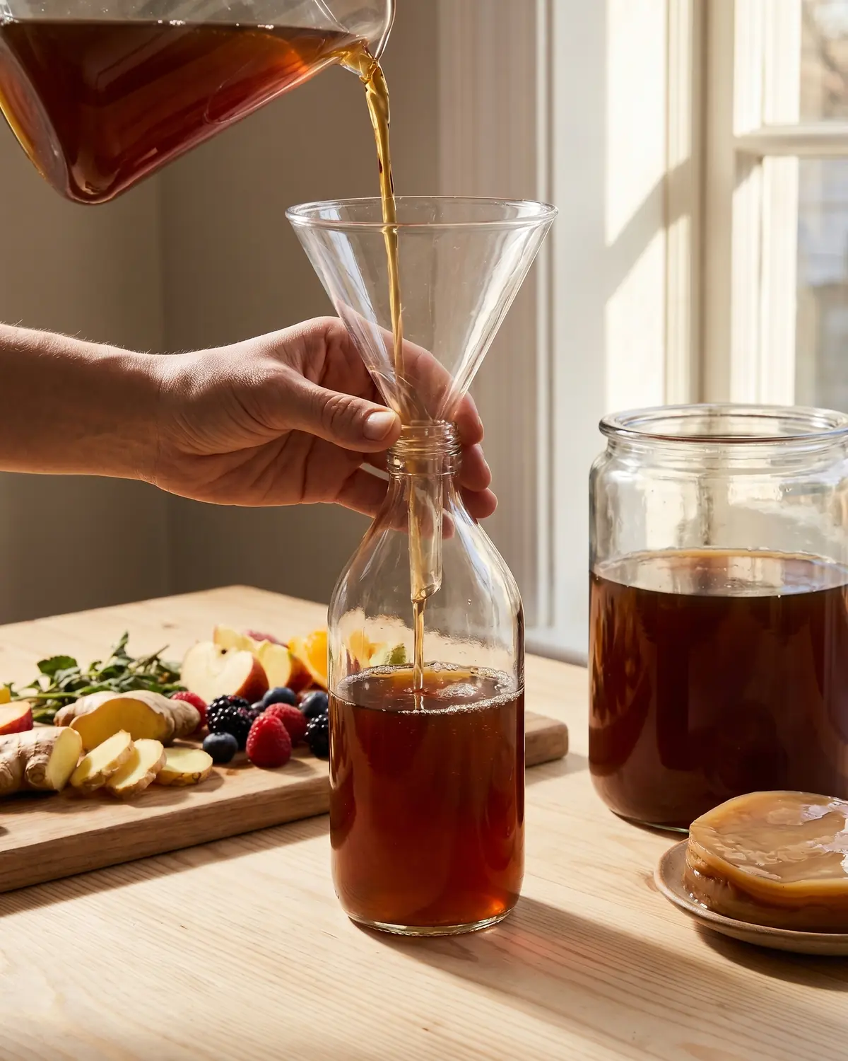 kombucha laxatif Main tenant un entonnoir en verre au-dessus d’une bouteille de kombucha avec des fruits préparés