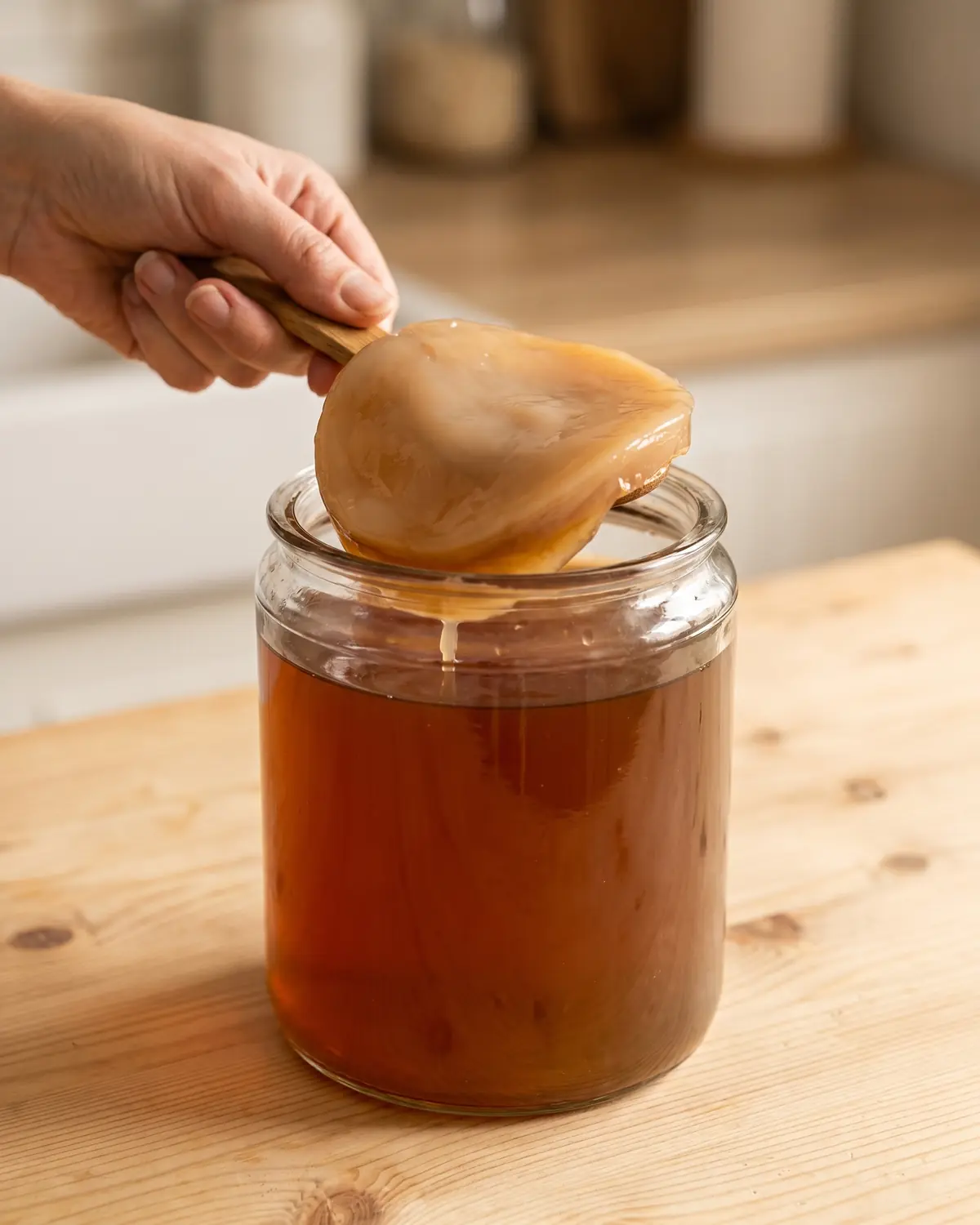 Main soulevant d&eacute;licatement un SCOBY avec une cuill&egrave;re en bois au-dessus d&rsquo;un bocal de th&eacute; ferment&eacute;.