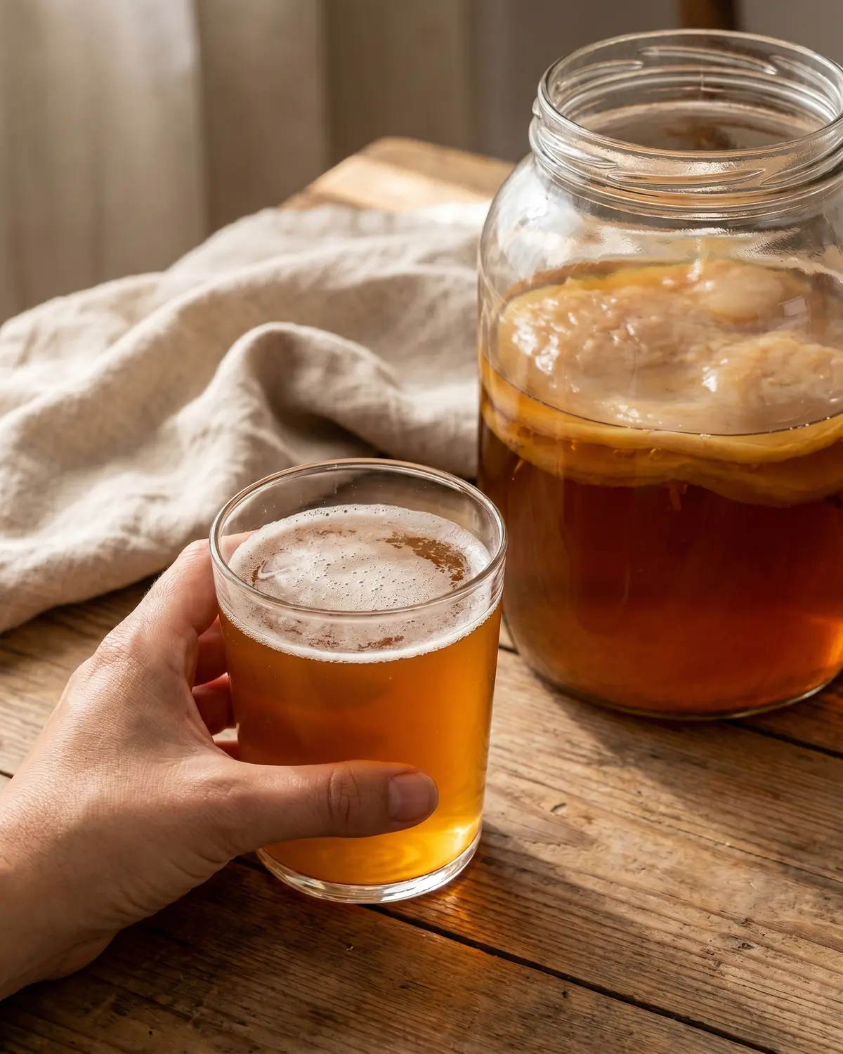 Main tenant un verre de kombucha ambr&eacute; avec une mousse l&eacute;g&egrave;re, devant un tissu en lin naturel.