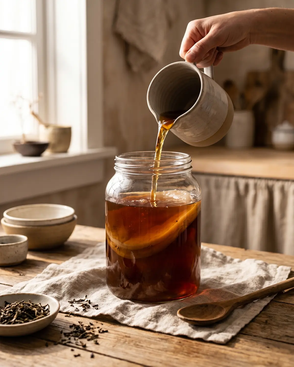 meilleur kombucha Main versant du thé froid dans un bocal de kombucha, avec un SCOBY beige au fond du liquide