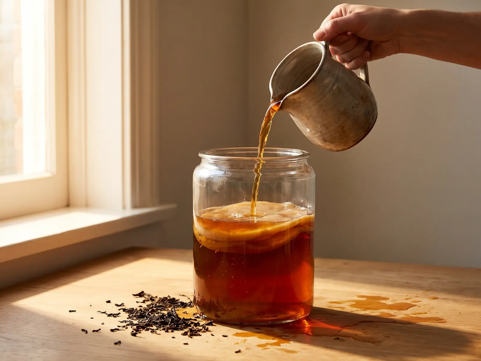 kombucha combien par jour Une main verse du thé sucré refroidi dans un bocal contenant un SCOBY beige pour préparer du kombucha.
