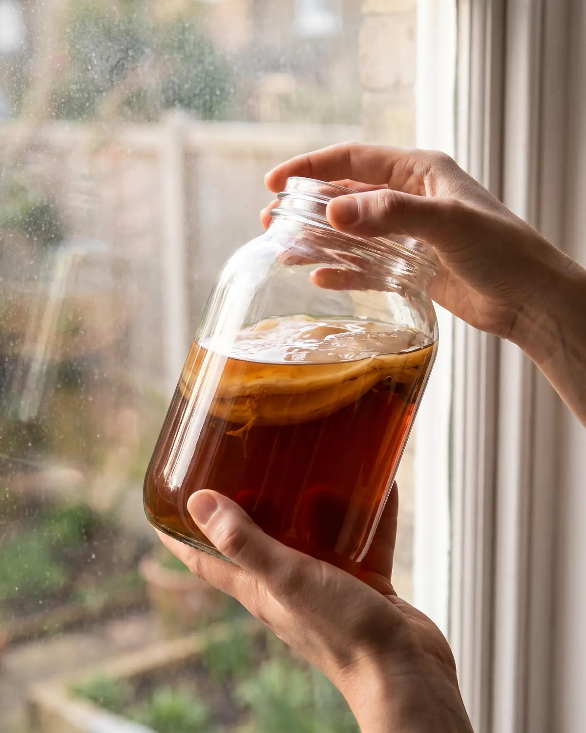 faire du kombucha Deux mains tiennent un bocal de kombucha devant une fenêtre pour observer la clarté et le SCOBY.