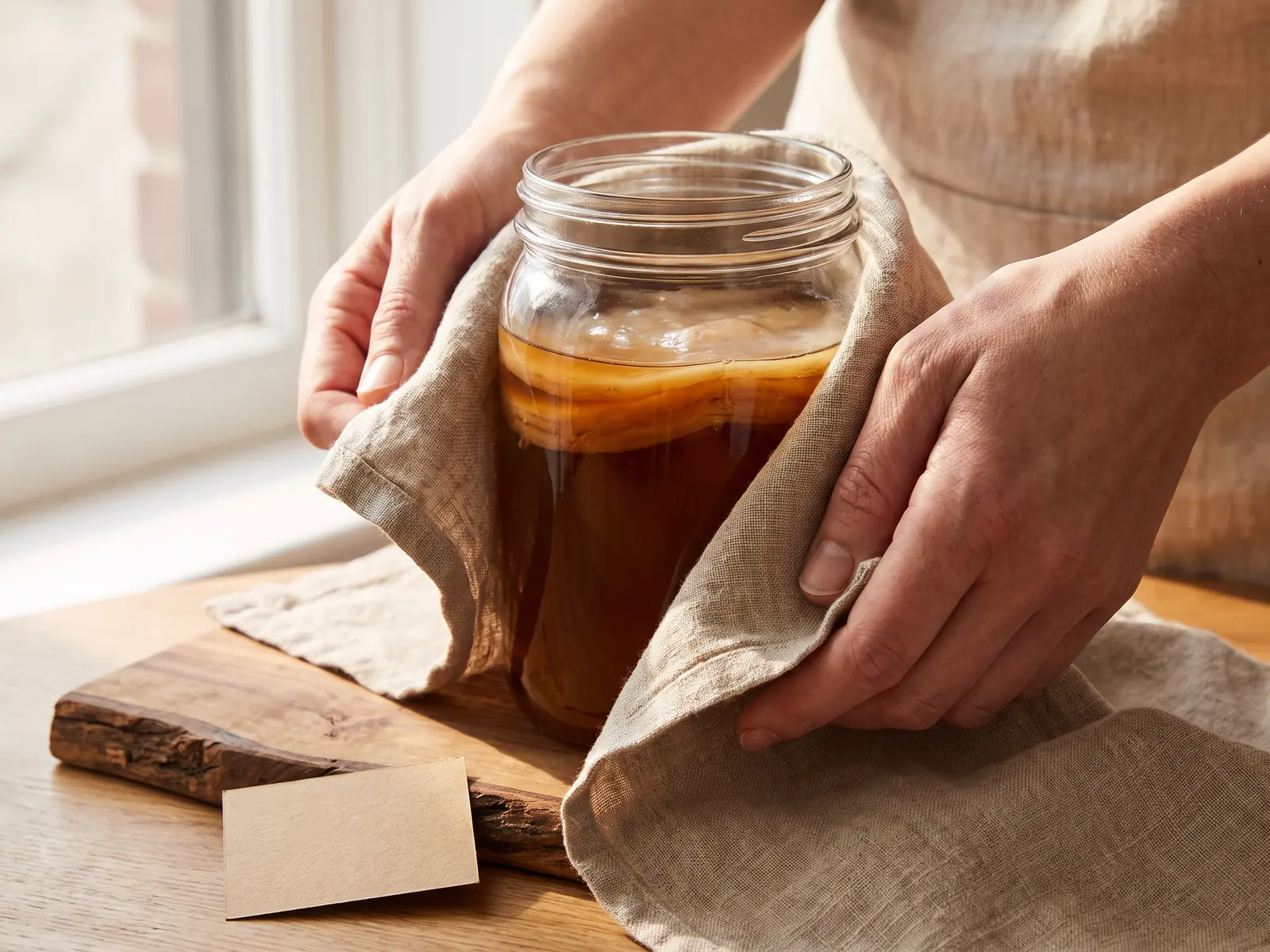 propriété kombucha Deux mains tiennent un bocal de kombucha avec SCOBY sur du lin brut, près d’une étiquette kraft vide.