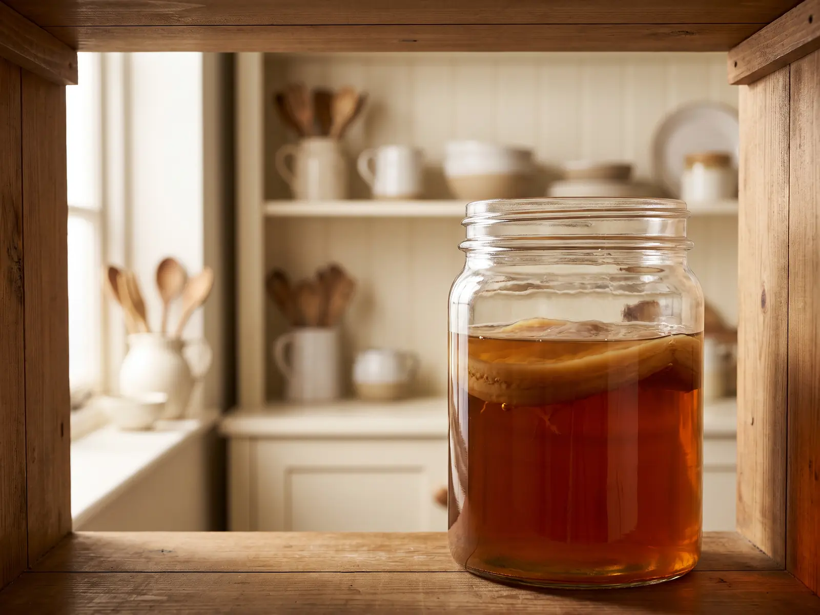 Bocal de kombucha avec SCOBY vu depuis une armoire, cuisine cr&egrave;me floue en arri&egrave;re-plan.