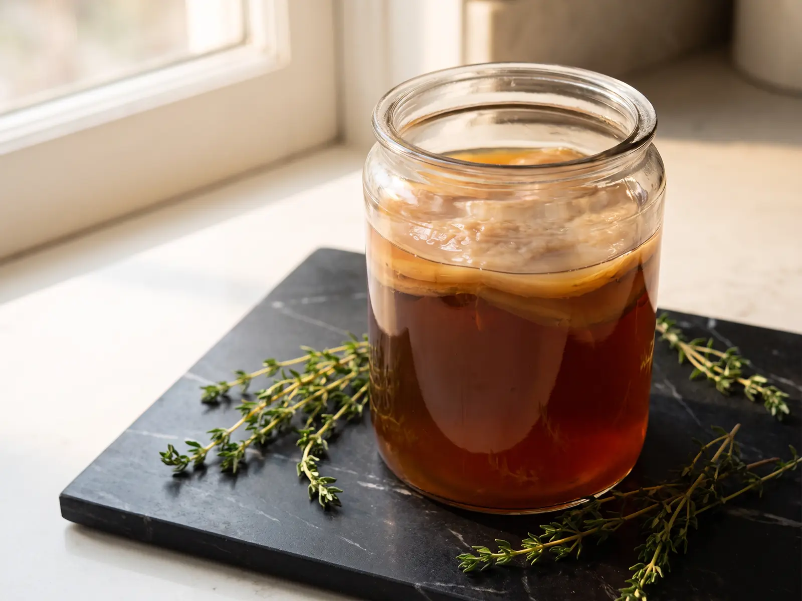 kombucha effet Bocal de mère de kombucha beige sur marbre noir avec branches de thym et lumière douce de fenêtre.