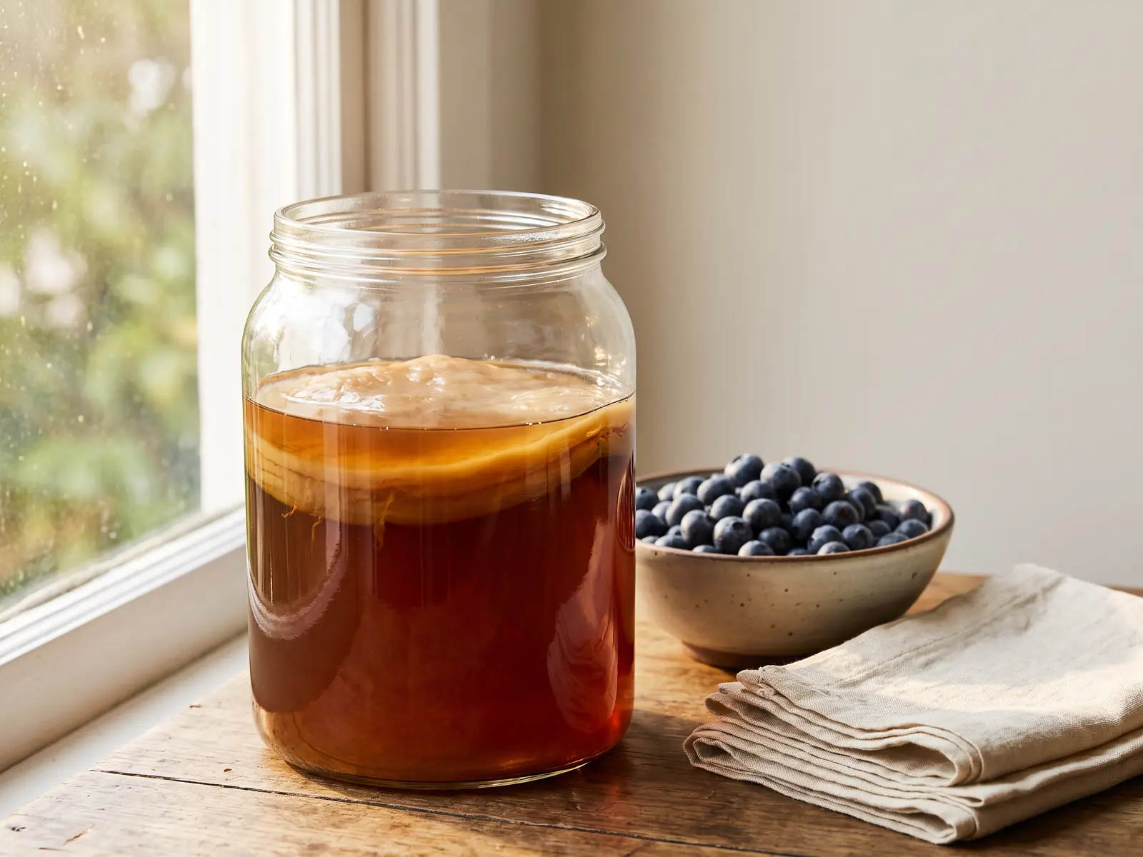 Bocal de SCOBY beige pr&egrave;s d&rsquo;une fen&ecirc;tre, avec bol de myrtilles et serviettes cr&egrave;me empil&eacute;es.