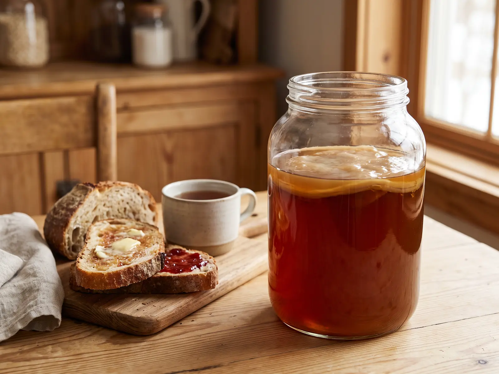 Bocal de kombucha avec SCOBY sur une table de petit-d&eacute;jeuner, pr&egrave;s de th&eacute; ambr&eacute; et de tartines.