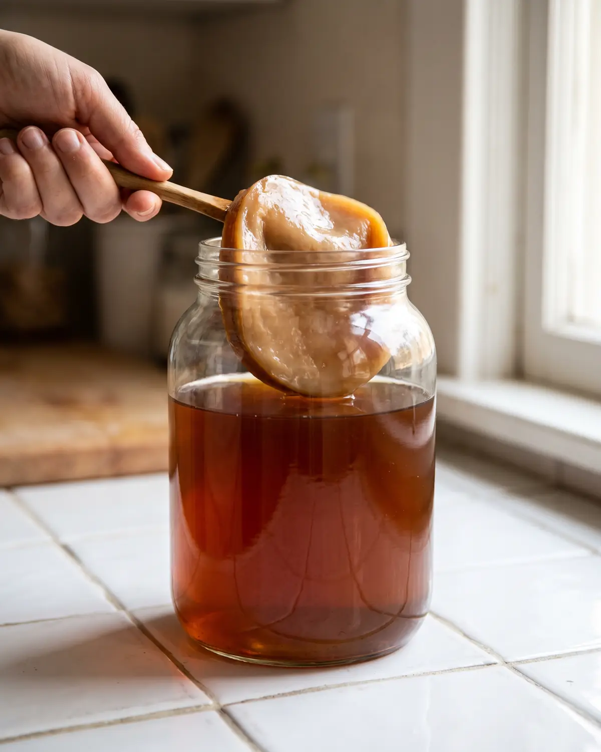 kombucha et alcool Bocal de kombucha en fermentation avec SCOBY en surface et fines bulles visibles à travers le verre.