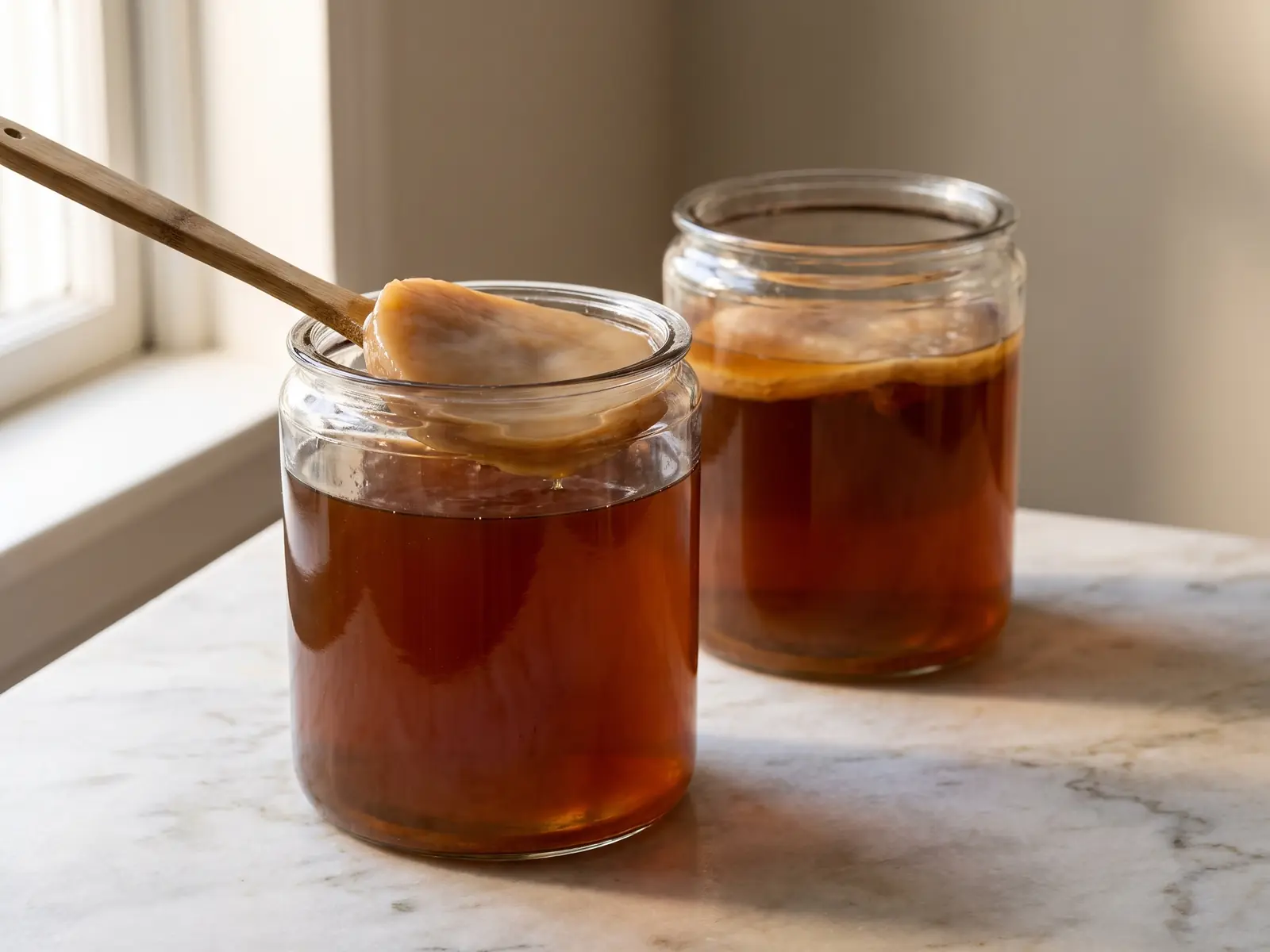 Deux bocaux de kombucha sur un plan de travail en marbre, avec des SCOBY visibles dans le th&eacute; ambr&eacute;.