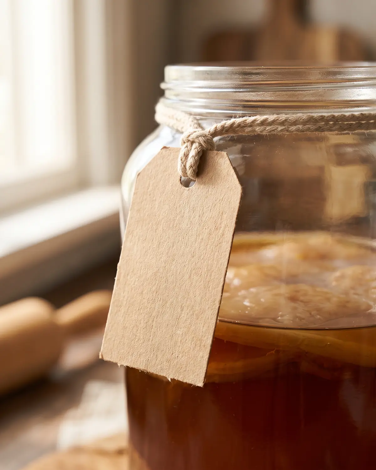 kombucha théine Détail d’un cordon noué tenant une étiquette kraft vide sur un bocal de kombucha maison