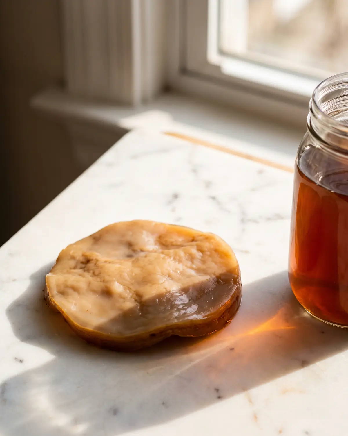 Disque de SCOBY dans un bocal partiellement visible, avec une ombre ambr&eacute;e sur du marbre blanc mat.
