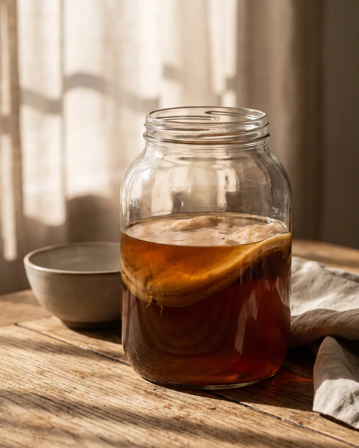 Un bocal de kombucha ambr&eacute; avec SCOBY appara&icirc;t derri&egrave;re des ombres de rideau sur le verre.