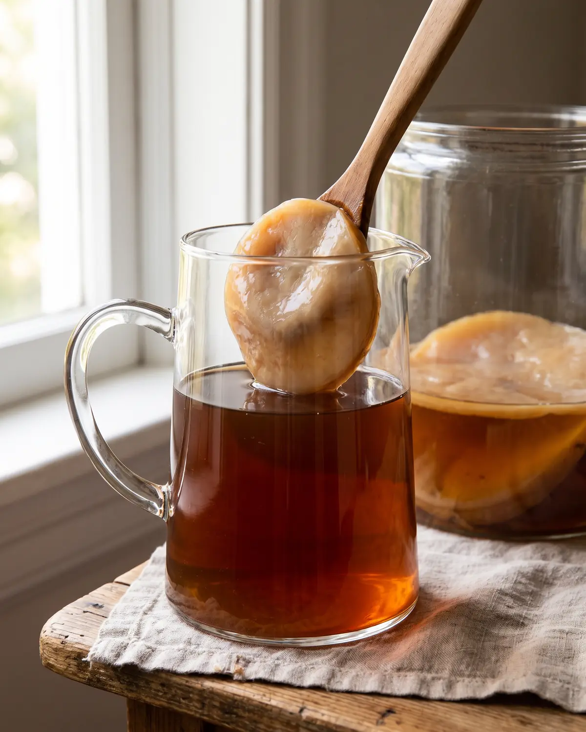 Jarre verticale de th&eacute; froid pr&egrave;s d&rsquo;un bocal, avec un SCOBY beige brun flou en arri&egrave;re-plan.