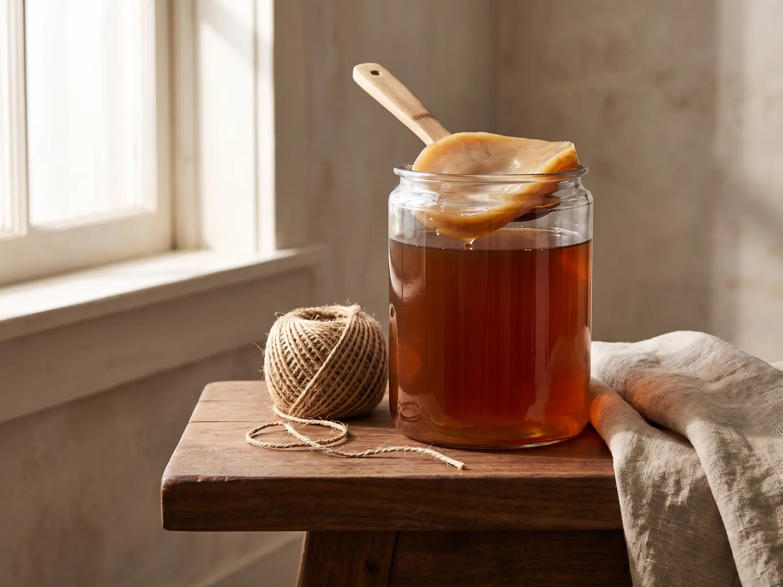 Bocal de kombucha pos&eacute; sur un banc bas en noyer, avec corde naturelle et tissu en lin.