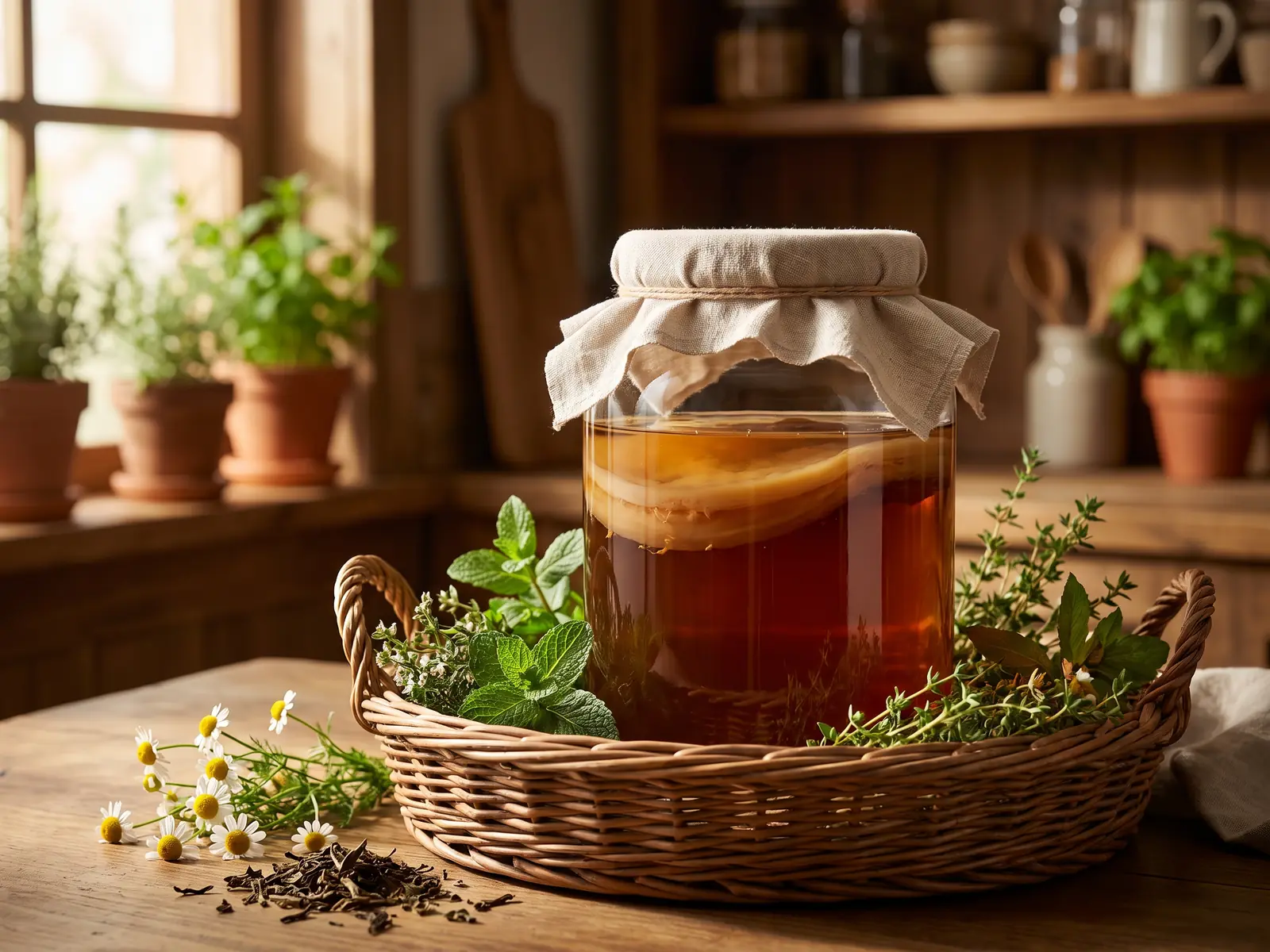 boisson fermentée kombucha Panier en osier avec un bocal de kombucha couvert, un SCOBY dans du thé sombre et des herbes autour