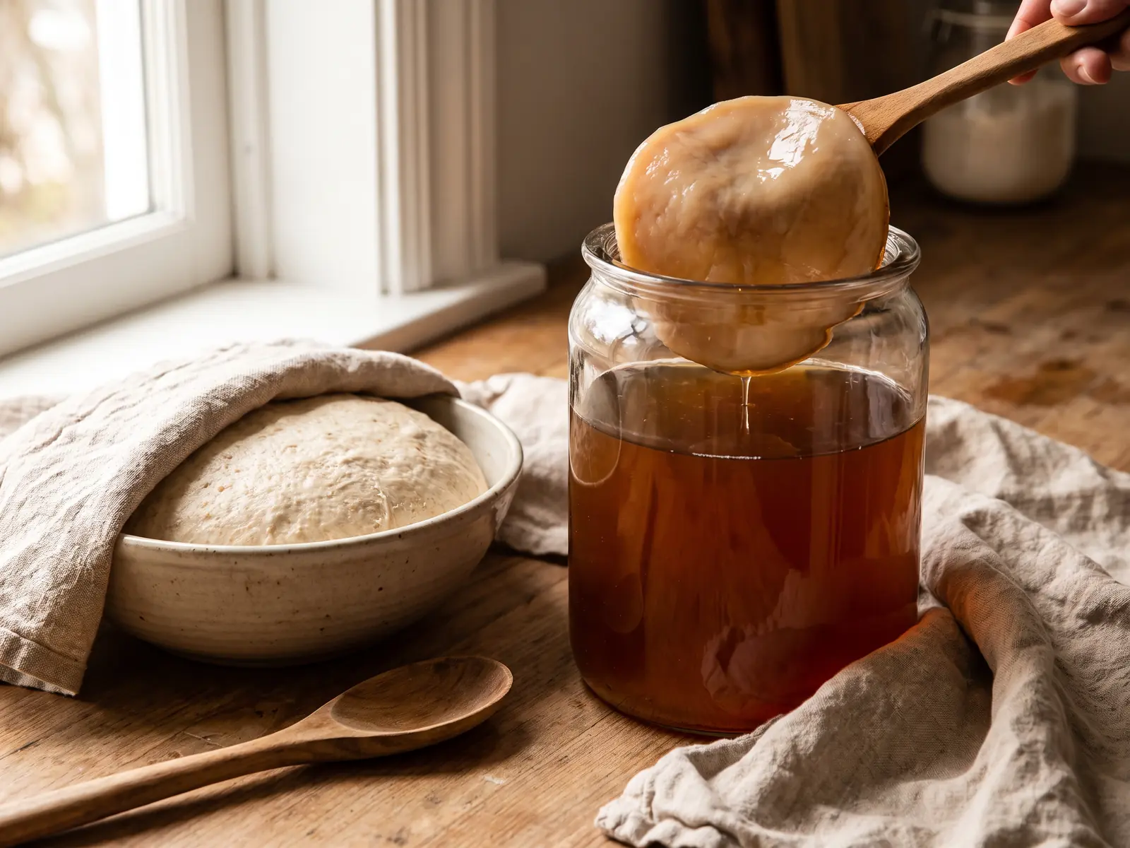 Bocal de kombucha avec SCOBY sur une plan de travail, pr&egrave;s d&rsquo;une p&acirc;te &agrave; pain couverte et d&rsquo;une cuill&egrave;re en bois.