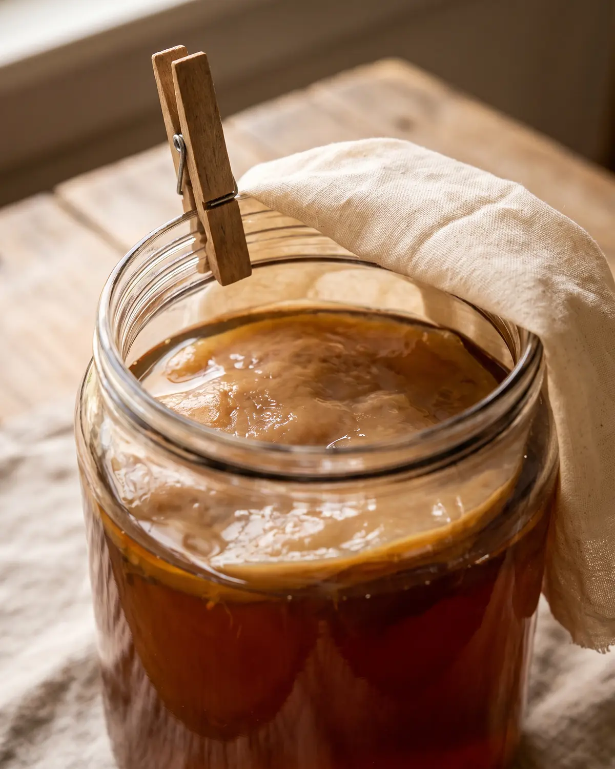 Tissu retir&eacute; d&rsquo;un bocal de kombucha ouvert, avec le SCOBY visible sous la surface sombre du th&eacute; ferment&eacute;.