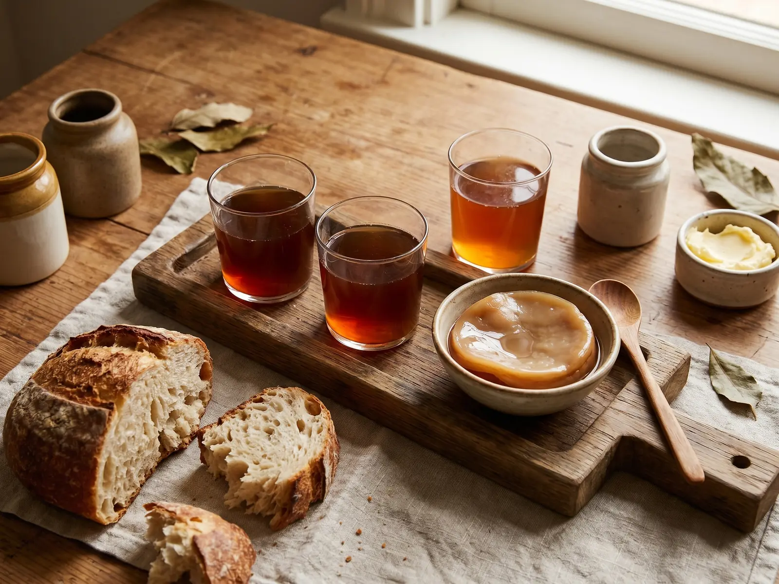 kombucha grossesse Plateau de dégustation avec verres de kombucha ambré, SCOBY en bol et pain rustique.