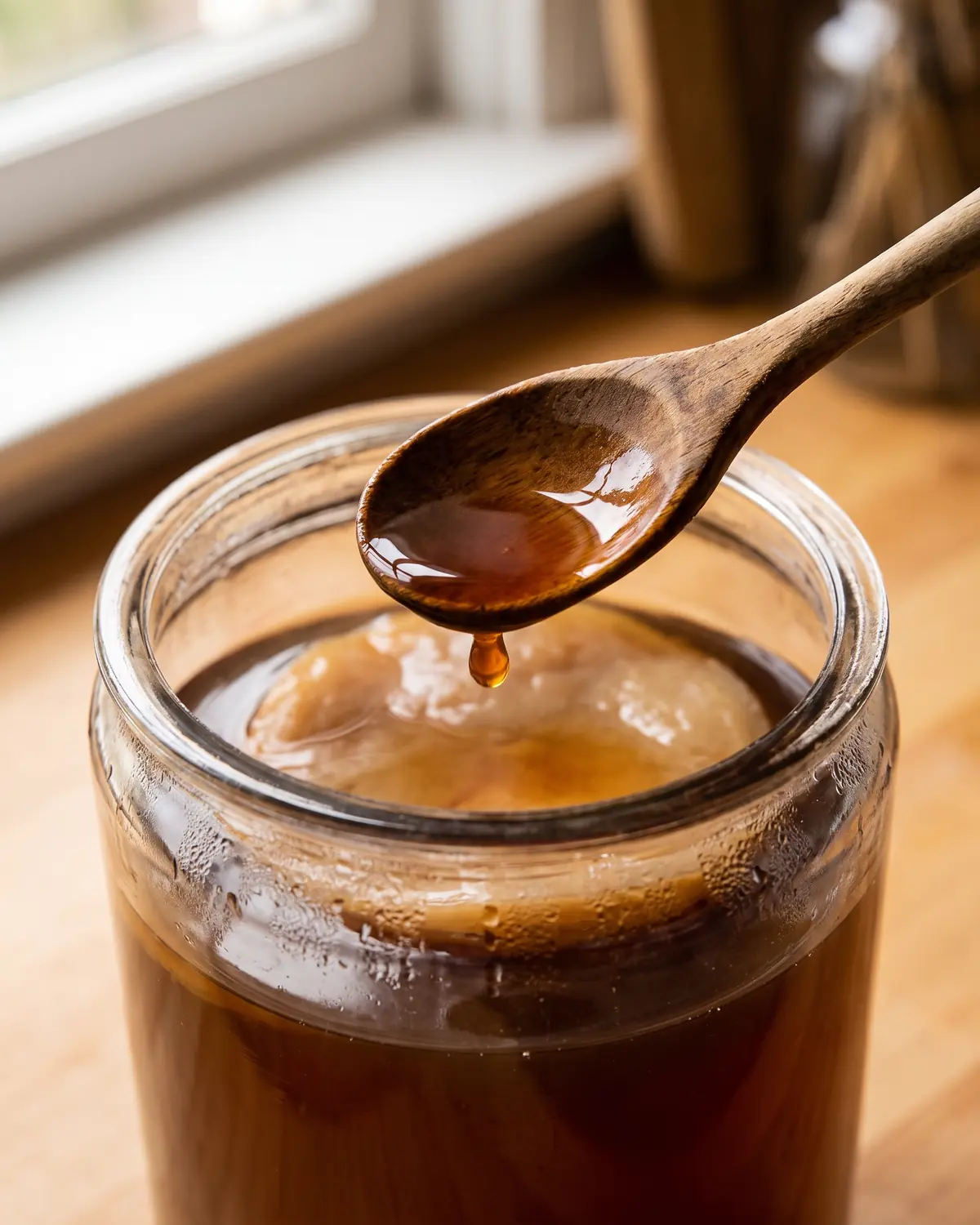 Une cuill&egrave;re en bois go&ucirc;te une goutte de th&eacute; m&egrave;re, avec un bocal de SCOBY visible en arri&egrave;re-plan.