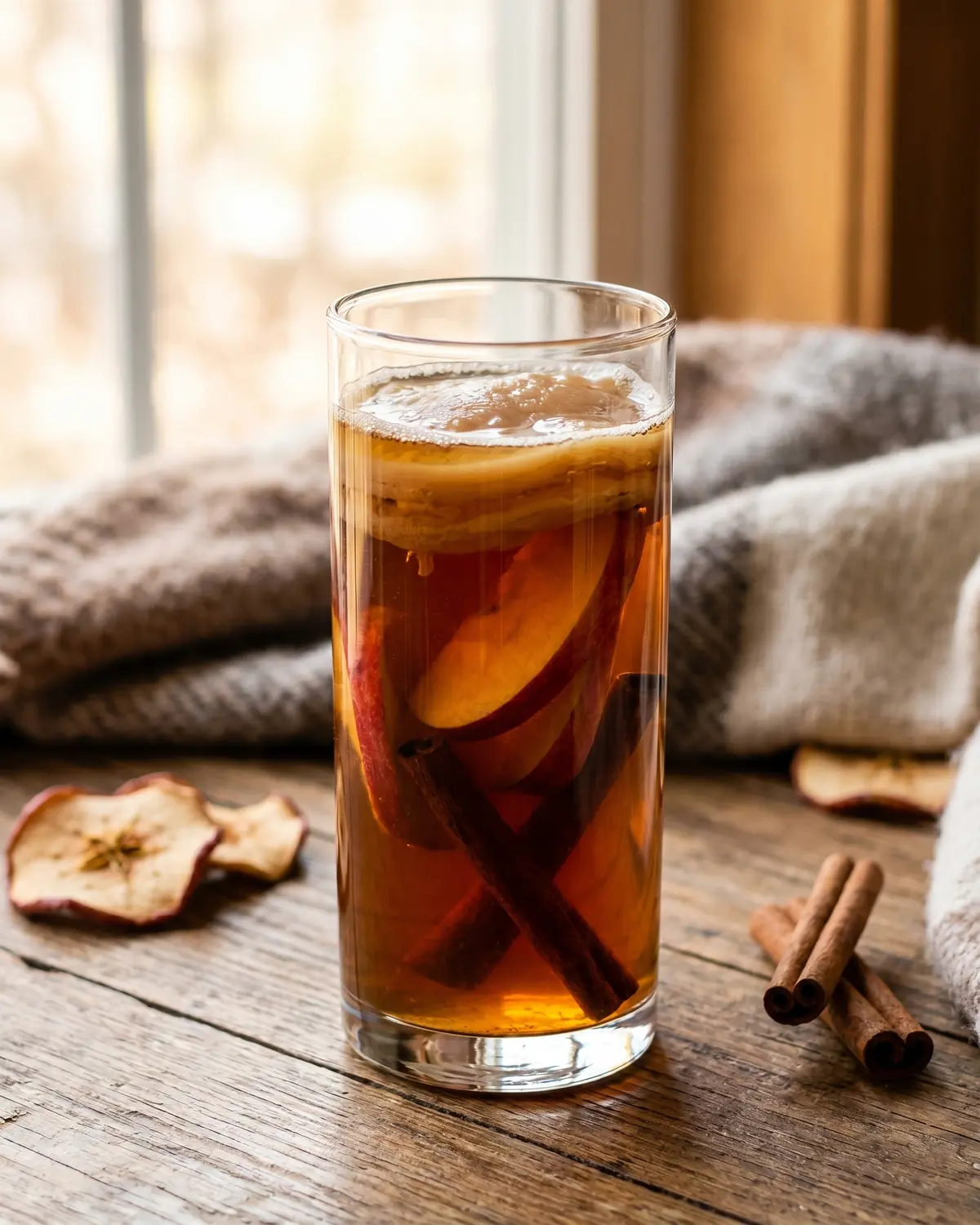 a quoi sert le kombucha Verre étroit de kombucha à la pomme et à la cannelle, dans une ambiance hivernale chaleureuse.