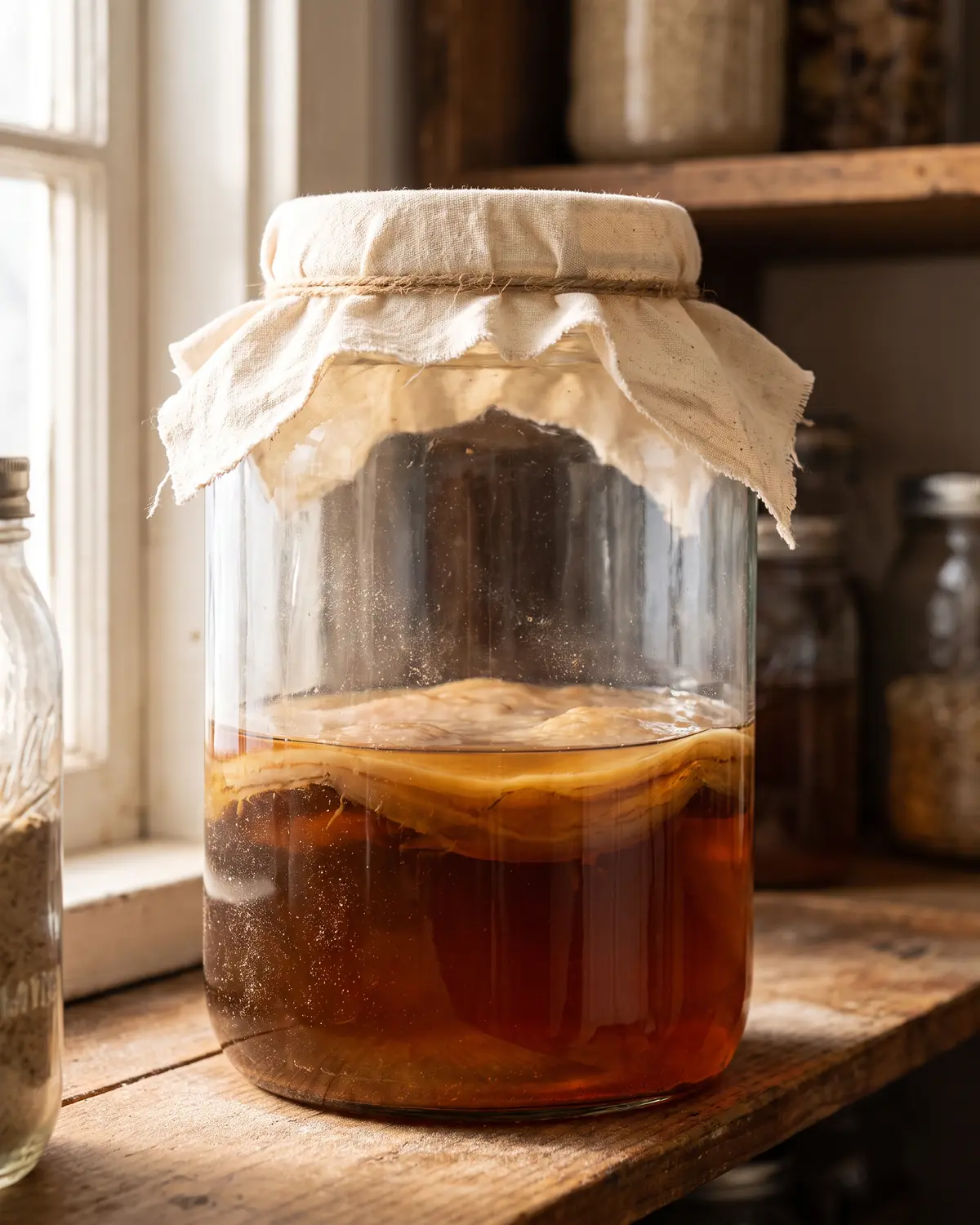 conserver mere kombucha Détail d’un bocal de kombucha sur une étagère, avec tissu crème et SCOBY sombre derrière le verre
