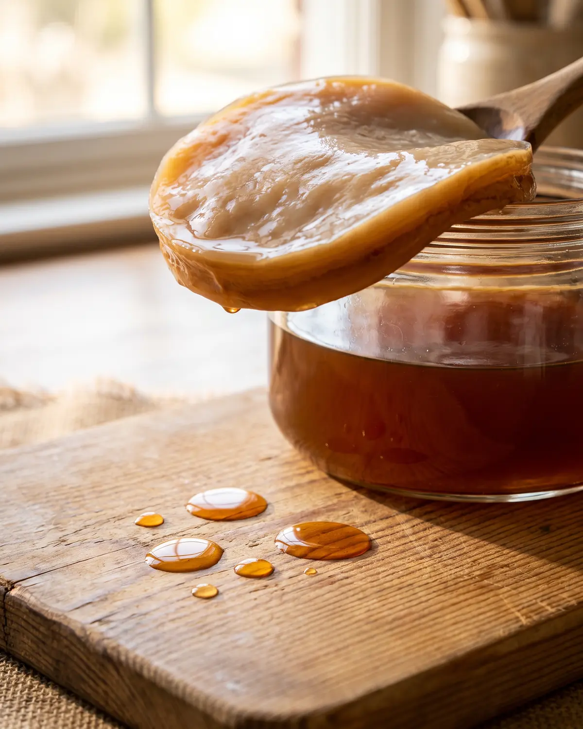 kombucha et santé Gouttes ambrées de kombucha sur une planche de pin, avec base de bocal et SCOBY visible.