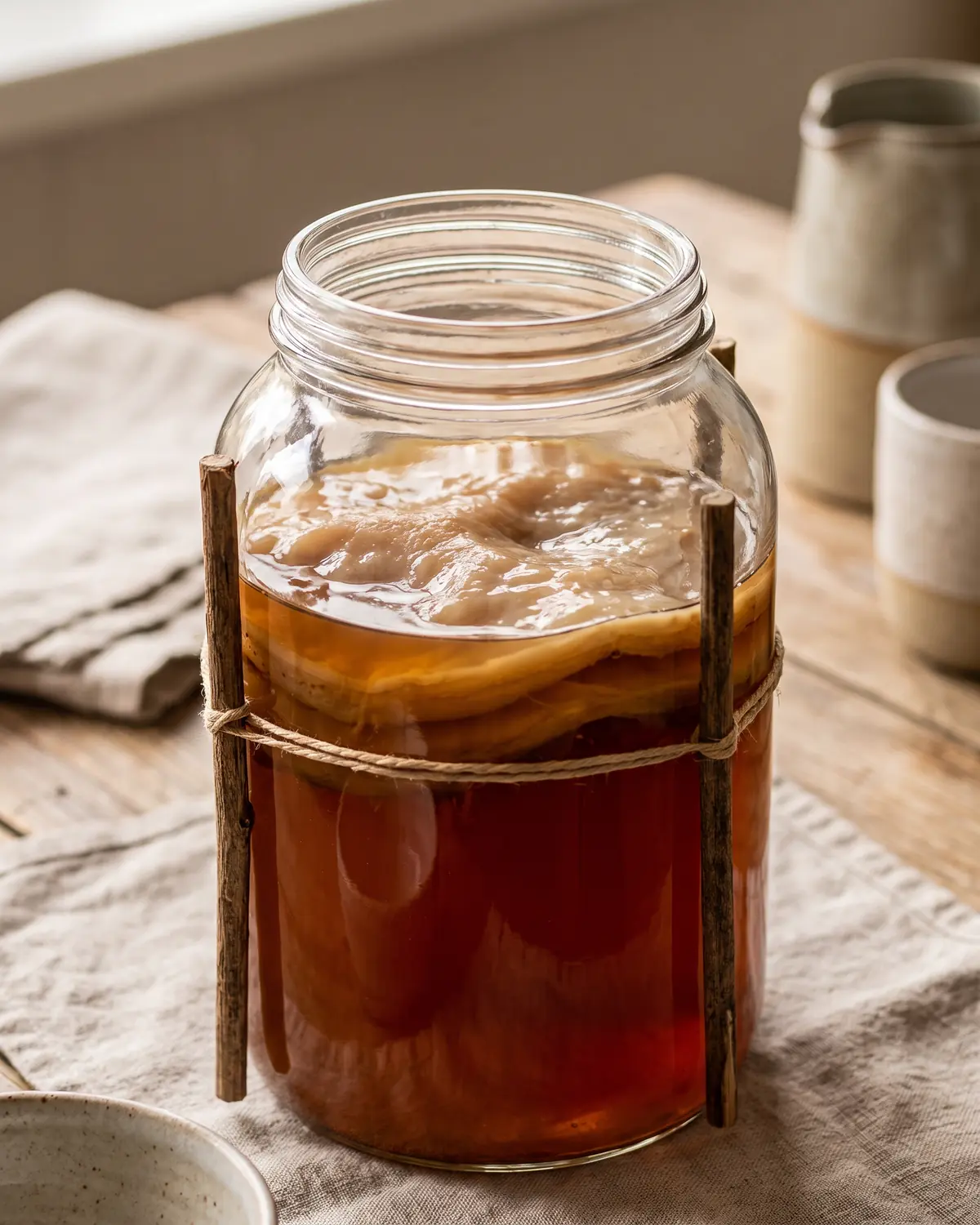 kombucha industriel Repères en bois et cordon autour d’un bocal de thé ambré, avec un SCOBY ondulé visible à l’intérieur.
