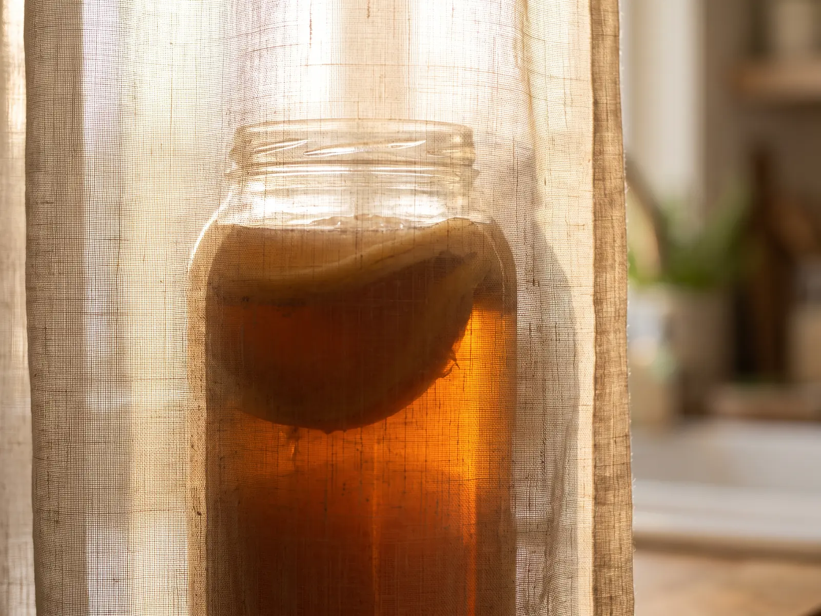 avis kombucha Bocal de kombucha ambré derrière un rideau de lin translucide, avec le SCOBY visible en silhouette.