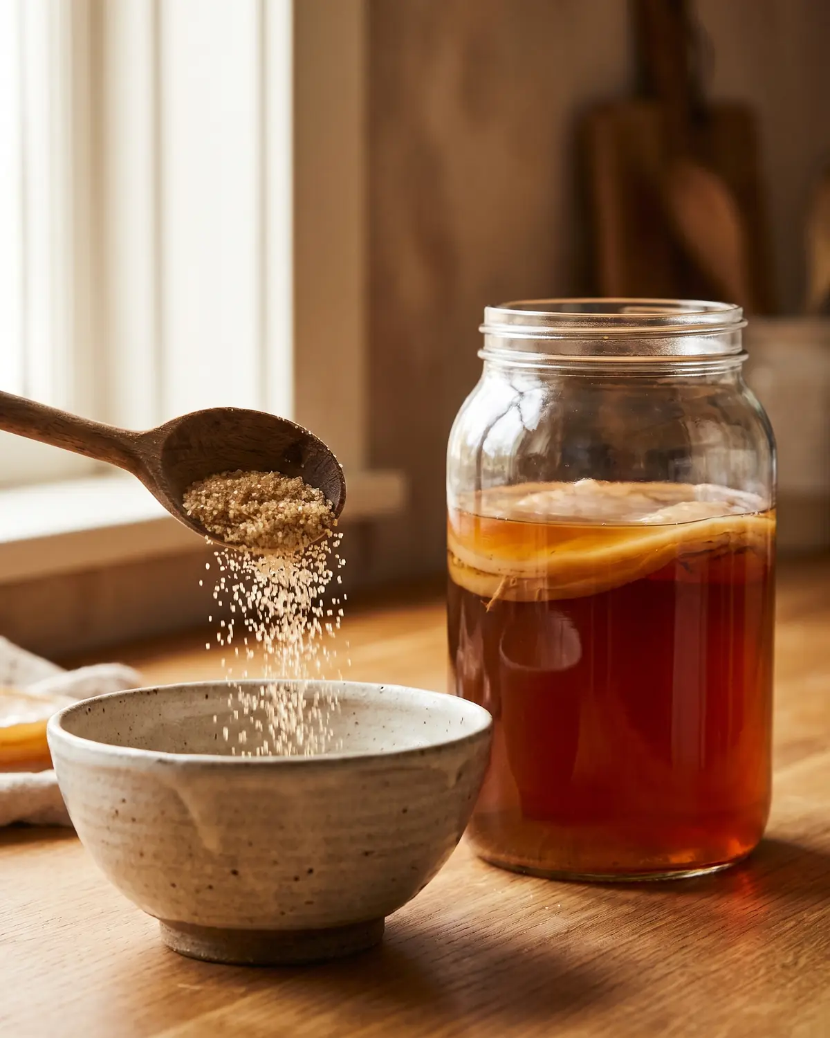 Cuill&egrave;re en bois versant du sucre dans un bol, avec un bocal de SCOBY pr&egrave;s de la pr&eacute;paration.