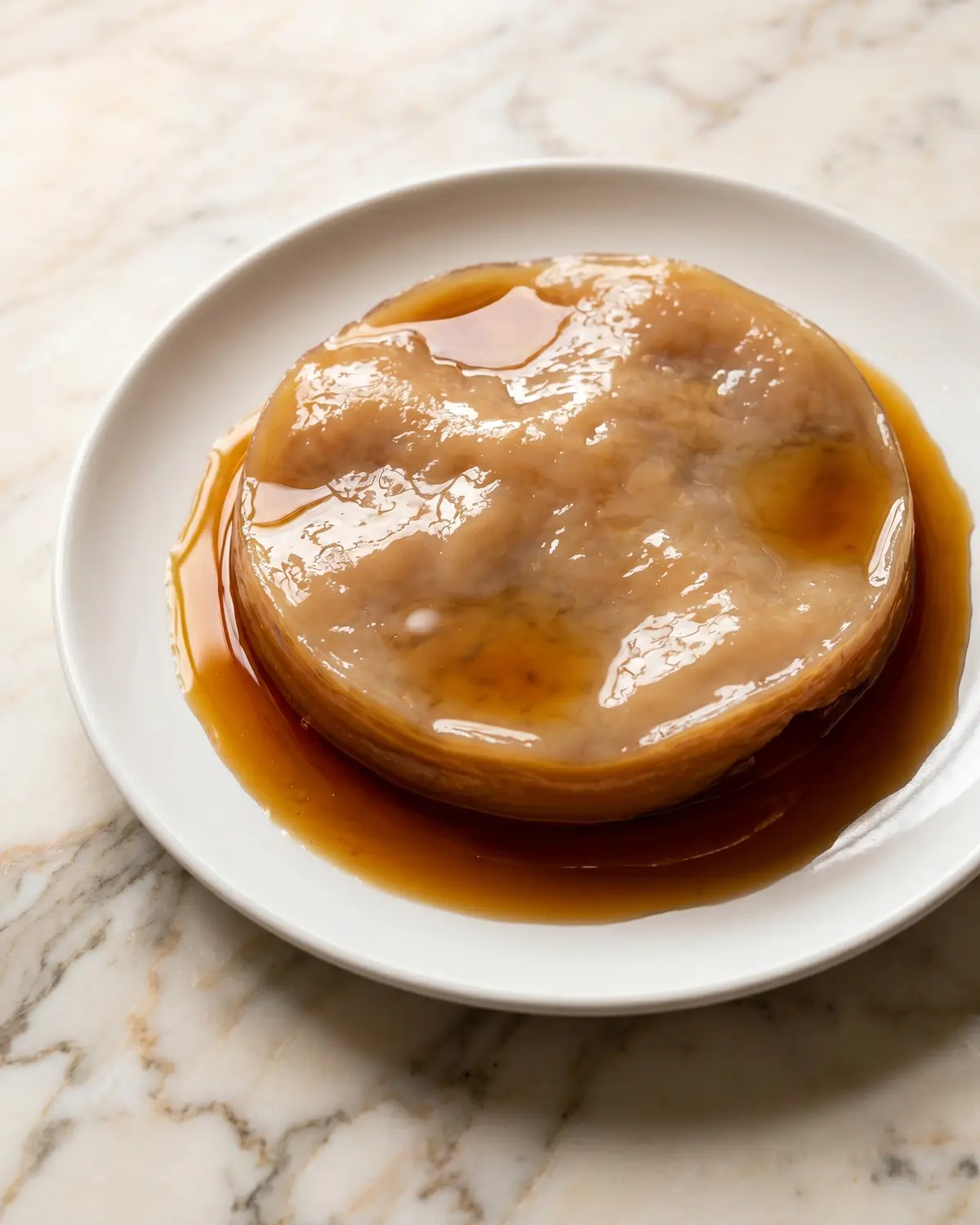 SCOBY pos&eacute; sur une assiette blanche avec liquide m&egrave;re brillant et texture humide sur marbre vein&eacute;.