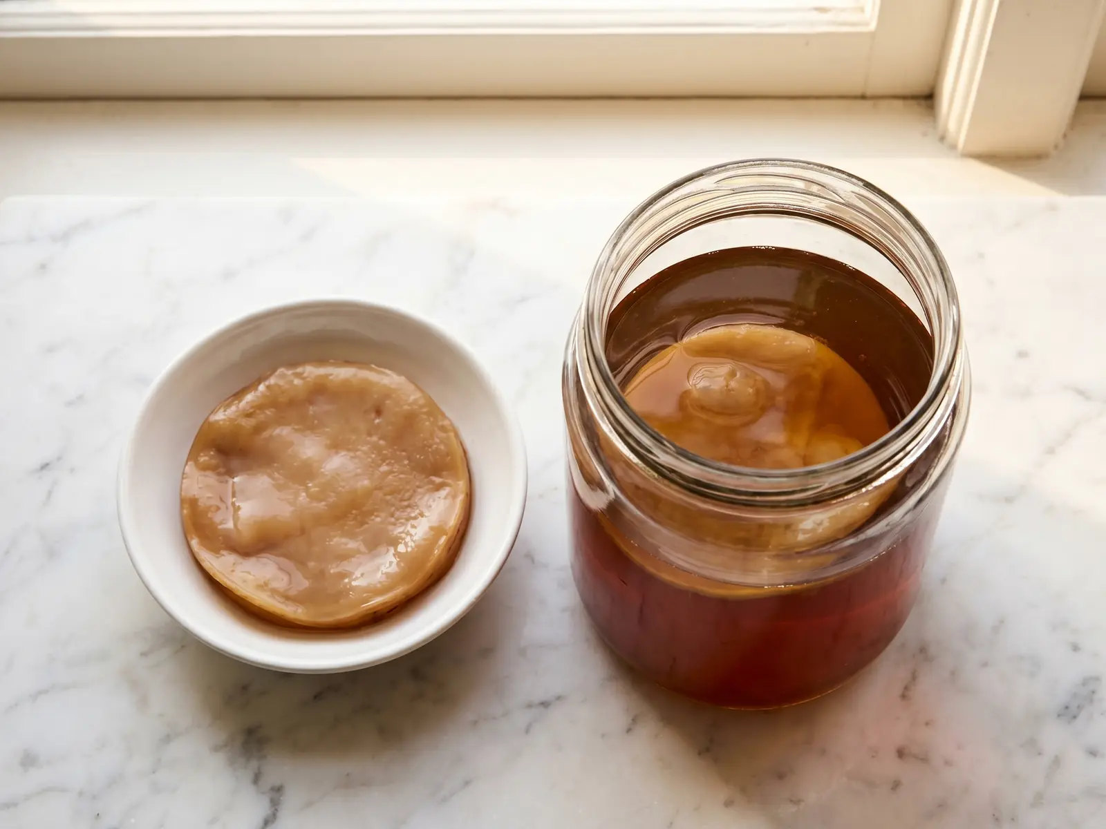 karma kombucha SCOBY beige brun dans un bol en céramique près d’un bocal de thé ambré sur marbre veiné
