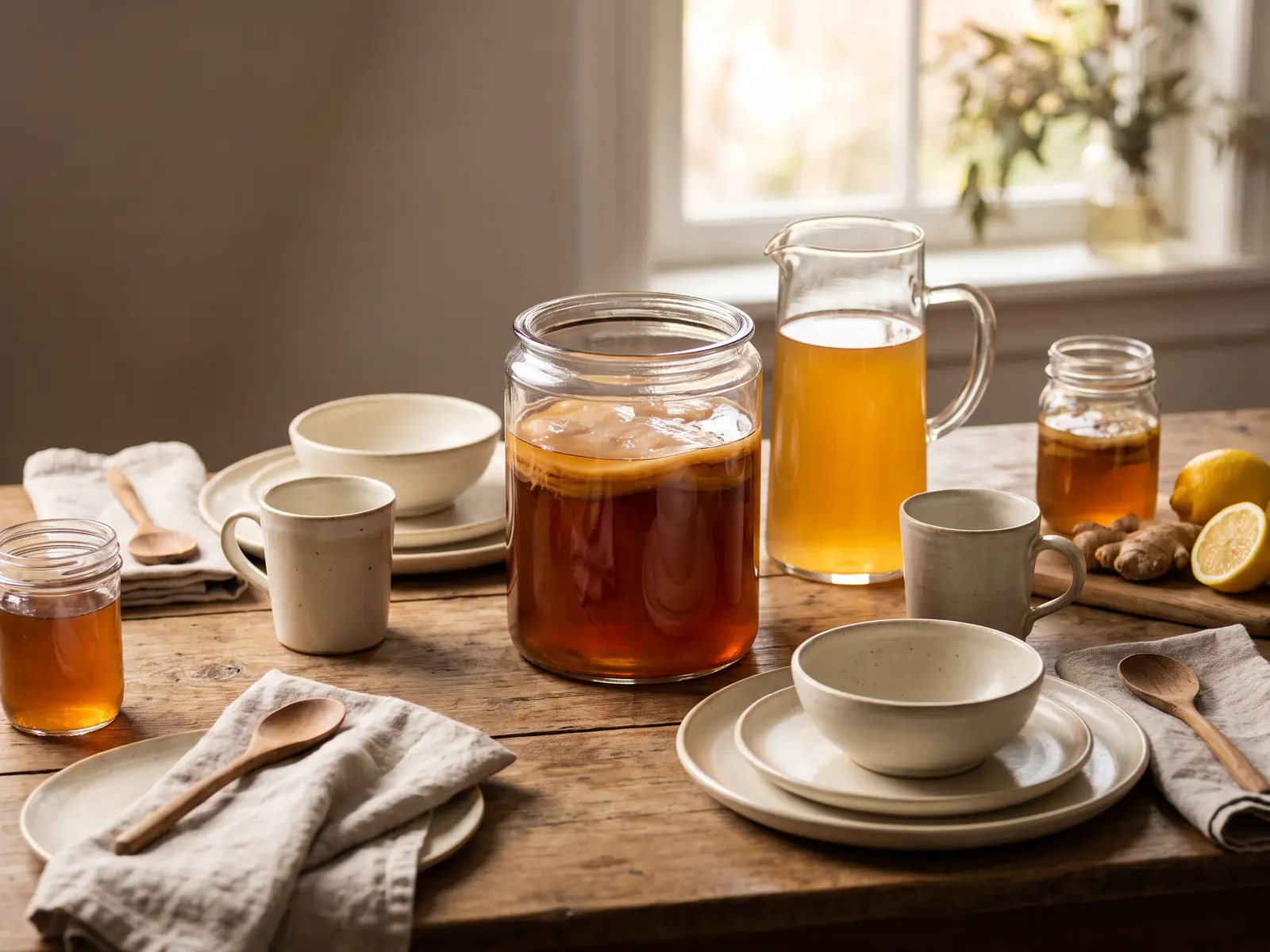 a quoi sert le kombucha Table dressée pour deux avec jarre de kombucha, bocal de SCOBY et céramique crème.