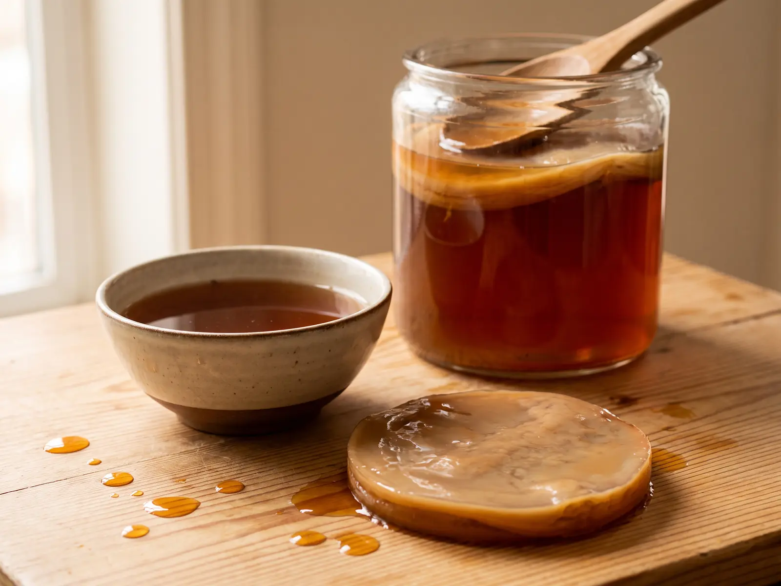 mère de kombucha à donner Table en bois avec un bocal de kombucha, un disque de SCOBY et un bol de thé en arrière-plan.
