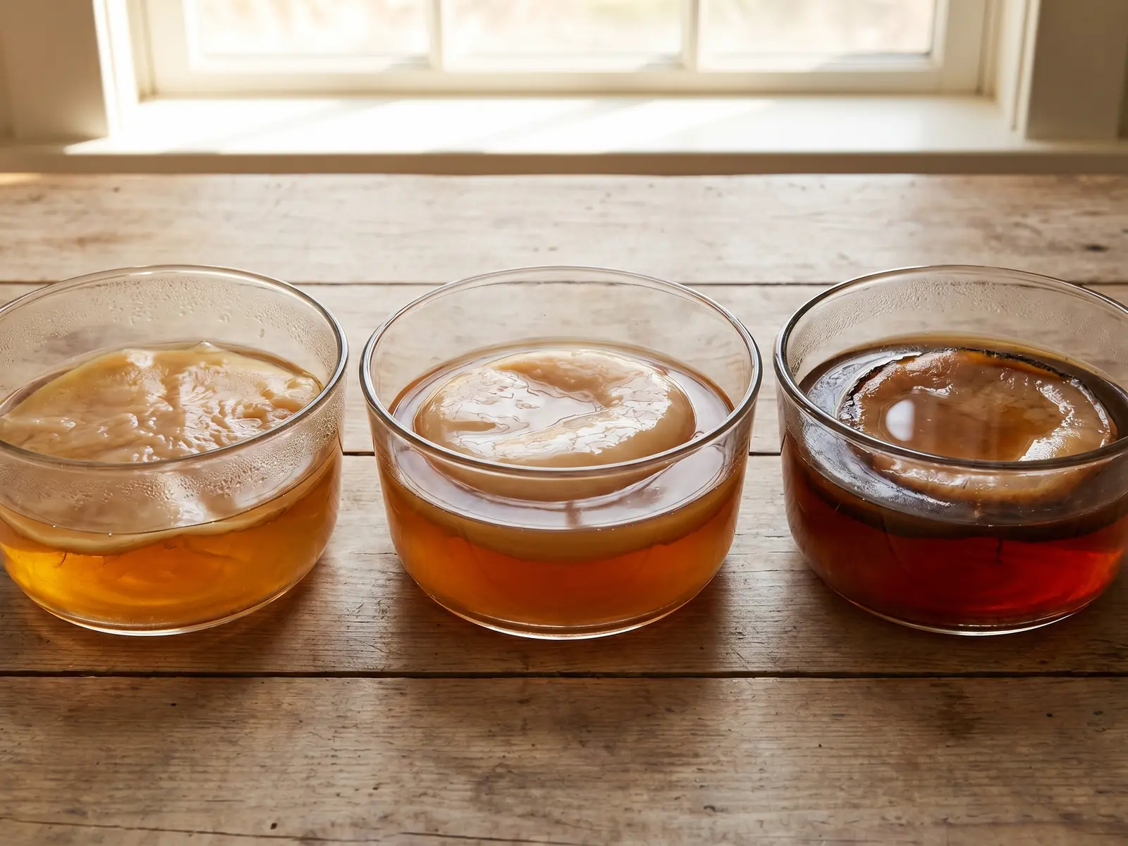 Trois bols montrent des m&egrave;res de kombucha de tailles et couleurs diff&eacute;rentes dans du th&eacute; ferment&eacute;.
