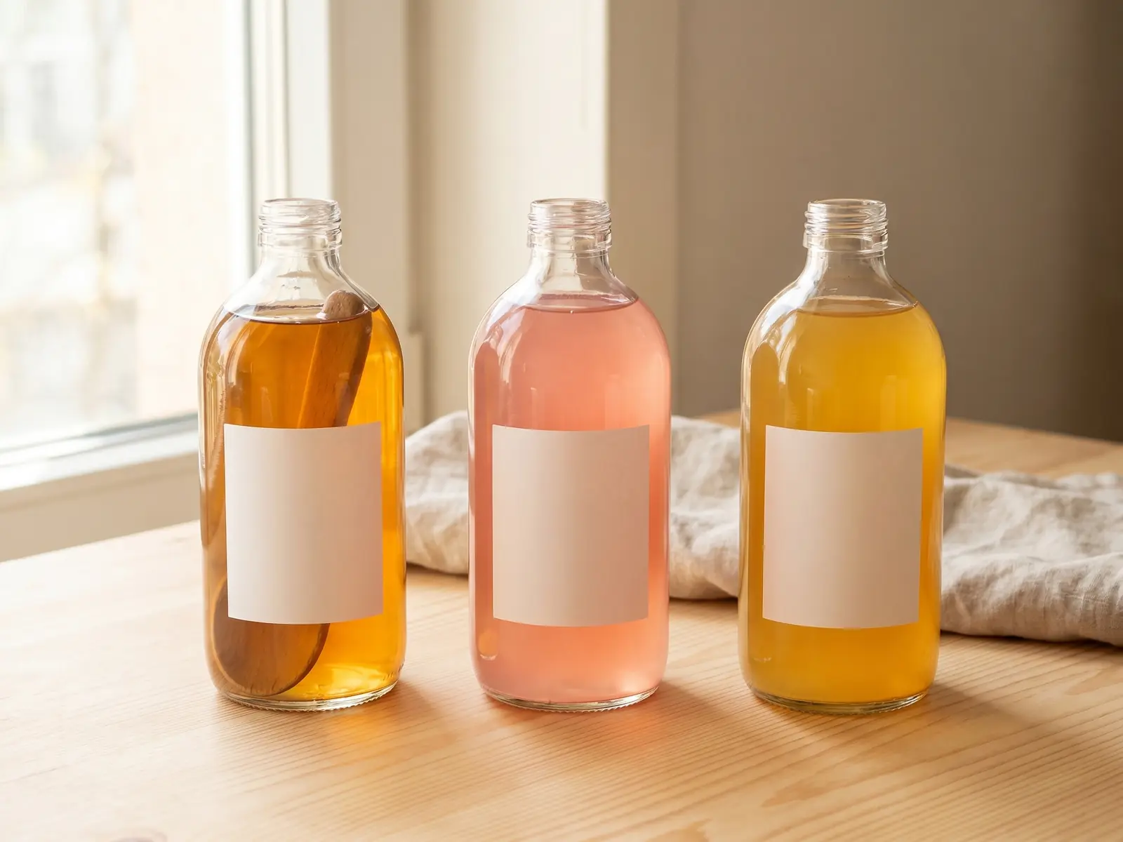 kombucha et alcool Trois bouteilles de kombucha ambré, fruité et au gingembre, prêtes à boire avec étiquette blanche.